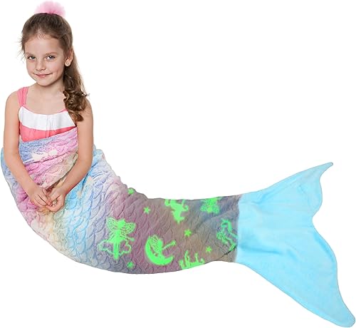 Catalonia Manta de cola de sirena para niñas, saco de dormir de sirena que brilla en la oscuridad, patrón de unicornio, idea de regalo para niños