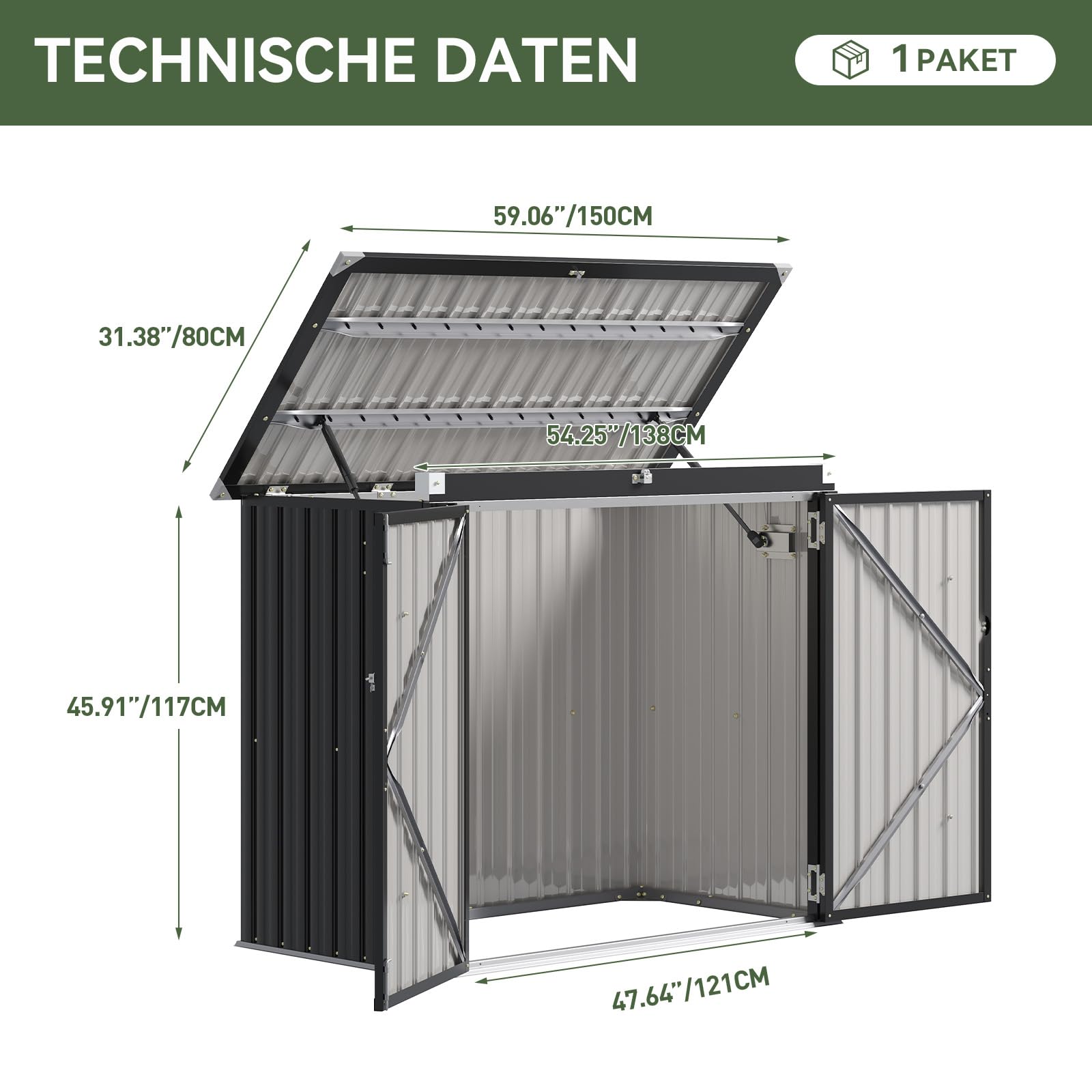 Aoxun 150x117x80 Metall Gerätehaus, Mülltonnenbox für 2 Tonnen, Wetterfester Gartenschrank mit Kettenzug-Deckel & Gasdruckfeder, zu öffnende Front- & Top-Türen, Schwarz