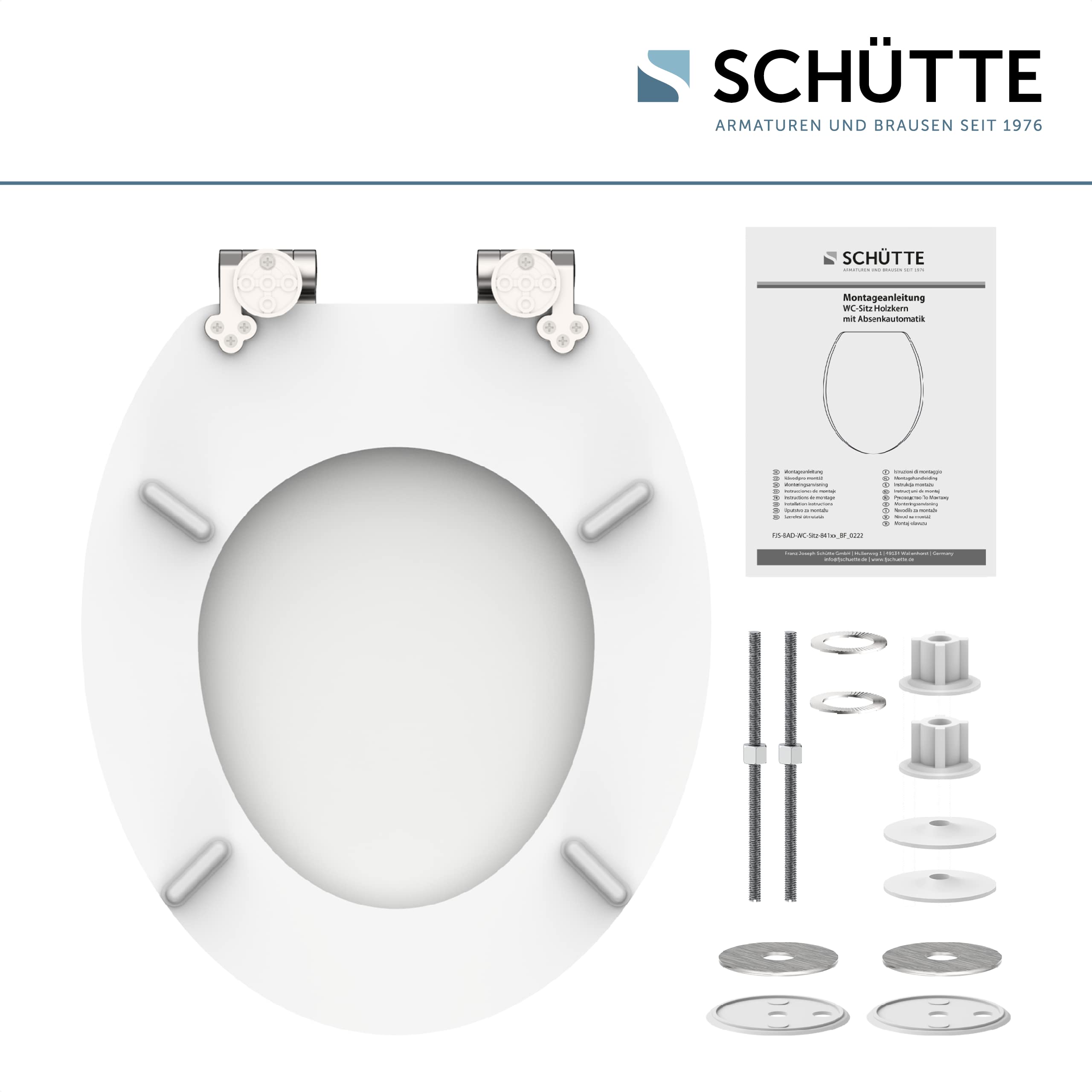 SCHÜTTE Abattant WC avec frein de chute - abattant WC en bois compressé - Très grande résistance au poids, testée jusqu'à 150 kg - Blanc | Abattant de WC avec noyau en bois - Avec couvercle - Charge maximale : 175 kg