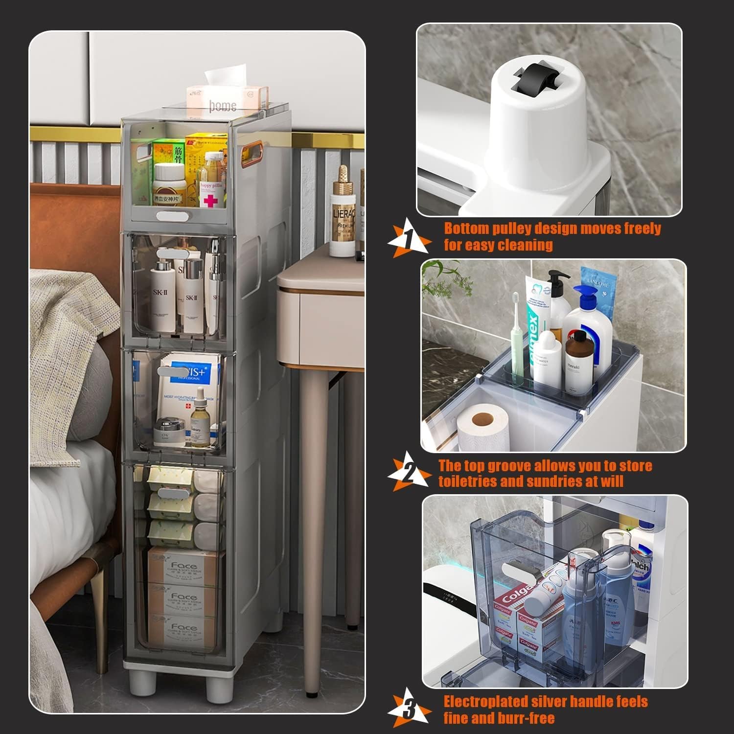 Carrello portaoggetti scorrevole sottile a 3 livelli, carrello da cucina con cassetti, organizer stretto per lavanderia, ufficio, soggiorno