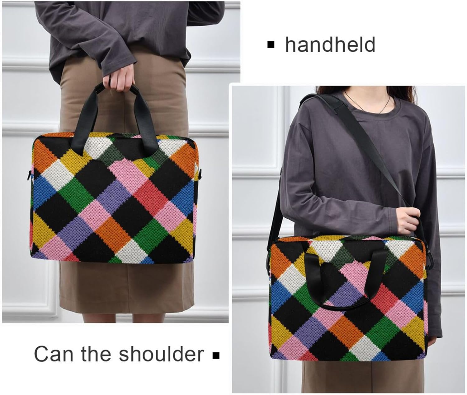 Laptop Bag Sleeve Colored Checkered Printed for 16 in Computer, Briefcase with Shoulder Strap Top Handle Multi Pockets