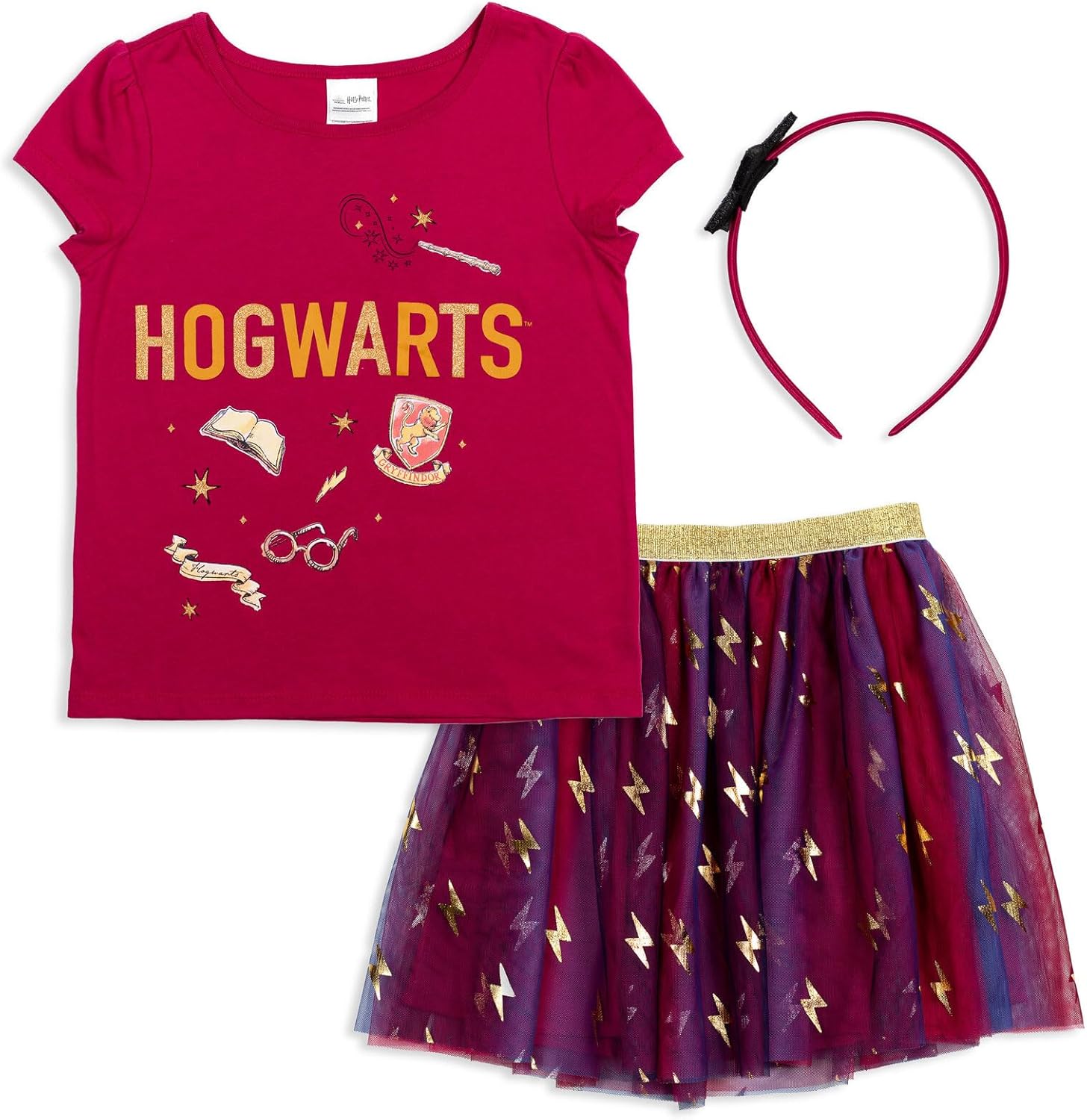 Harry Potter Gryffindor Girls T-Shirt Tulle Skirt and Headband 3 Piece Outfit Set Little Kid to Big Kid