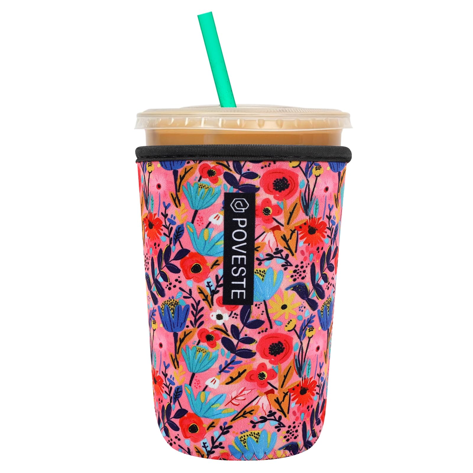 Reusable Neoprene Insulator Sleeve for Iced Coffee &amp; Cold Soda, Coffee Sleeves for Iced &amp; Hot Drinks, Cold Beverage Cooler Compatible with Starbucks, Dunkin (Abstract Flower, Medium: 22-24oz)