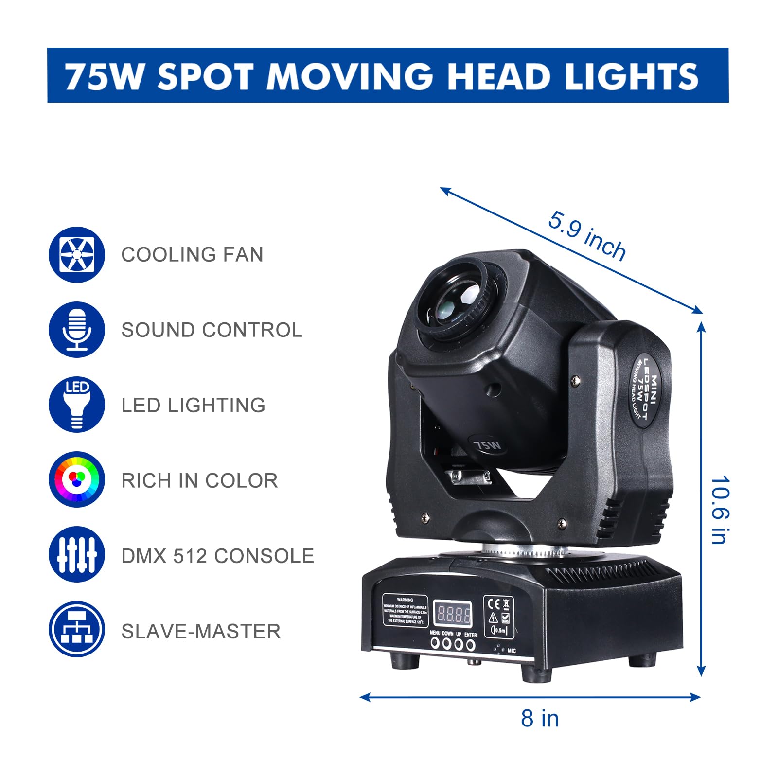 Luci da palcoscenico DMX 512 a testa mobile da 75 W, 8 gobo, 8 colori, con suono attivato, per feste, karaoke, matrimoni, discoteche, eventi, DJ (1 confezione)