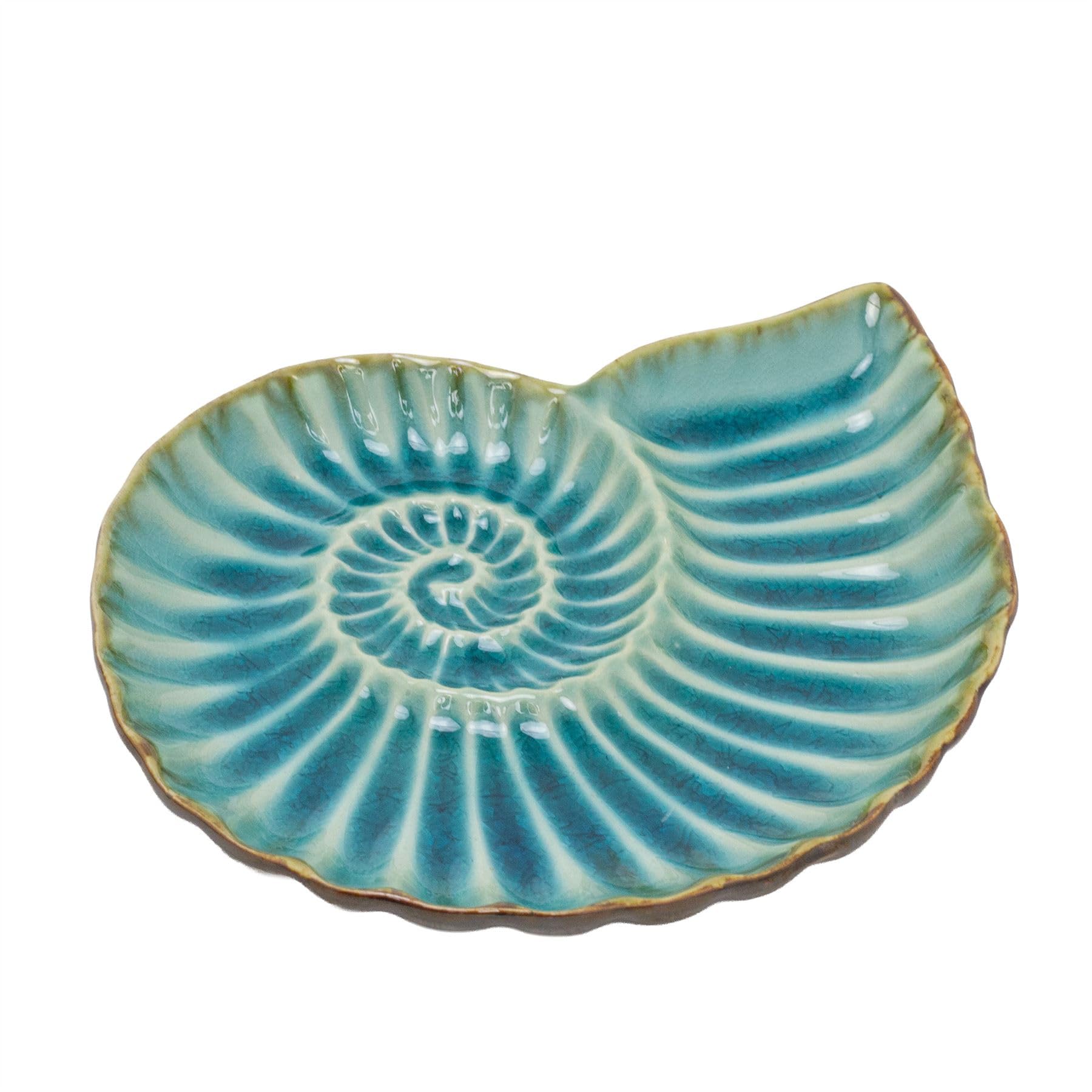 Carousel Home Blue Ceramic Ammonite Trinket Dish, 14Cm Teal Ombre Glaze Nautical Jewellery Tray, Coastal Decorative Plate