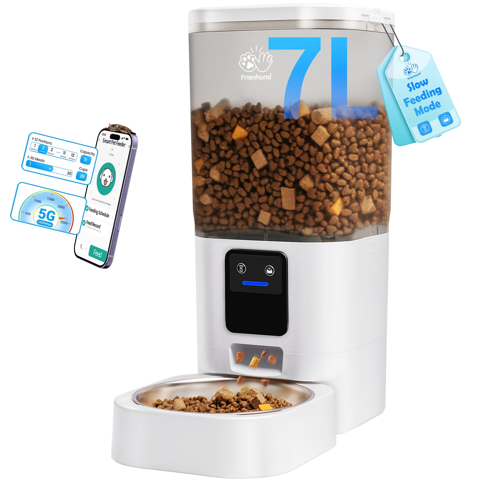 Frienhund7L Automatic Cat Feeder with App Control: Automatic Dog Feeder with Large Pet Food Storage, Auto Cat Food Dispenser with Timer for Multiple Pets,Detachable for Easy Cleaning (2.4G & 5G WiFi)ClimatePartner certified