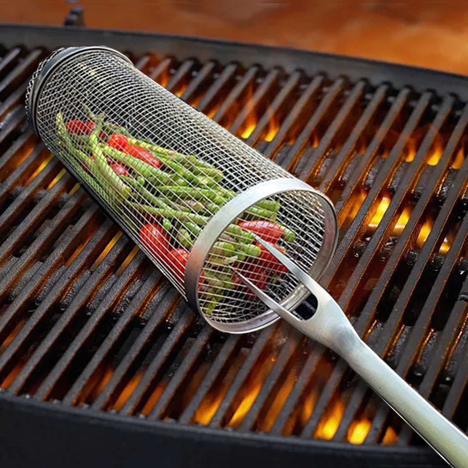 Rolling Grill Basket Grill Cylinder ze stali nierdzewnej Grillowanie Palarnia z obracającym się bębnem o 360° DIYKuchenne narzędzie kuchenne do orzeszków ziemnych Ziarna kawy Warzywa, ryby, krewetki