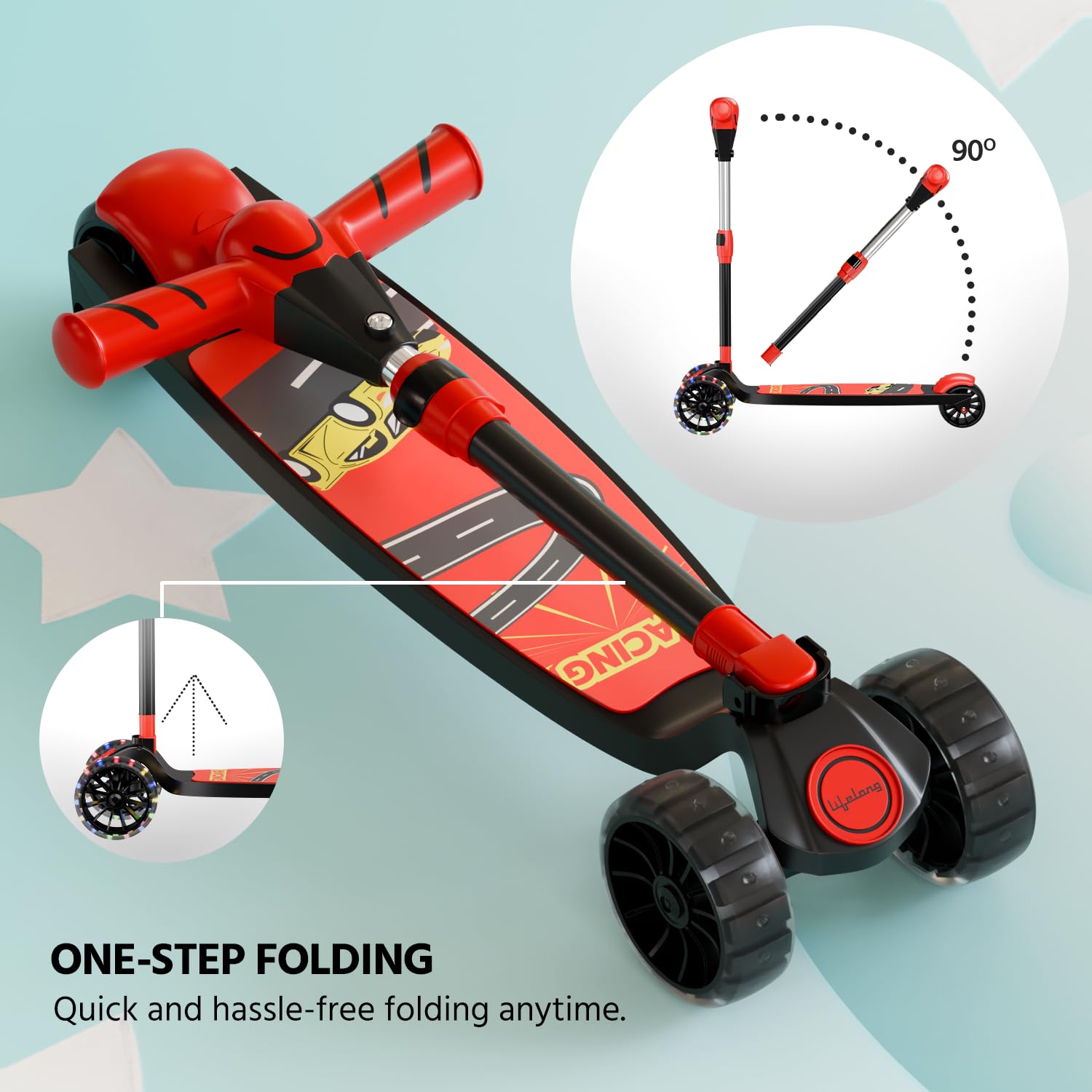 Lifelong Kick Scooter Adjustable Height, Foldable Design, with Side Stand, Skate Scooter for Kids, 6month Manufacturers Warranty, 50Kg Weight Capacity, (Red & Black)