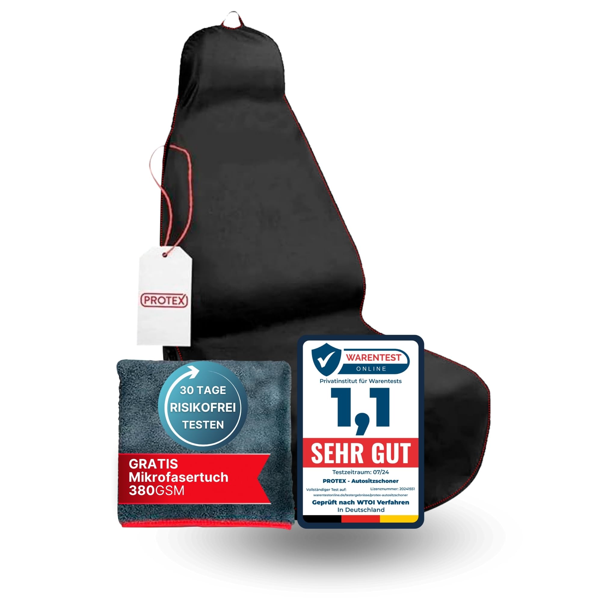 PROTEX© Sitzschoner für Autositze - [Testsieger 2025] Werkstattschoner - Rutsch- und wasserfestes, schmutzabweisendes Oxford-Material - Ideale Passform - schwarz mit roten Nähten (1 Stück)