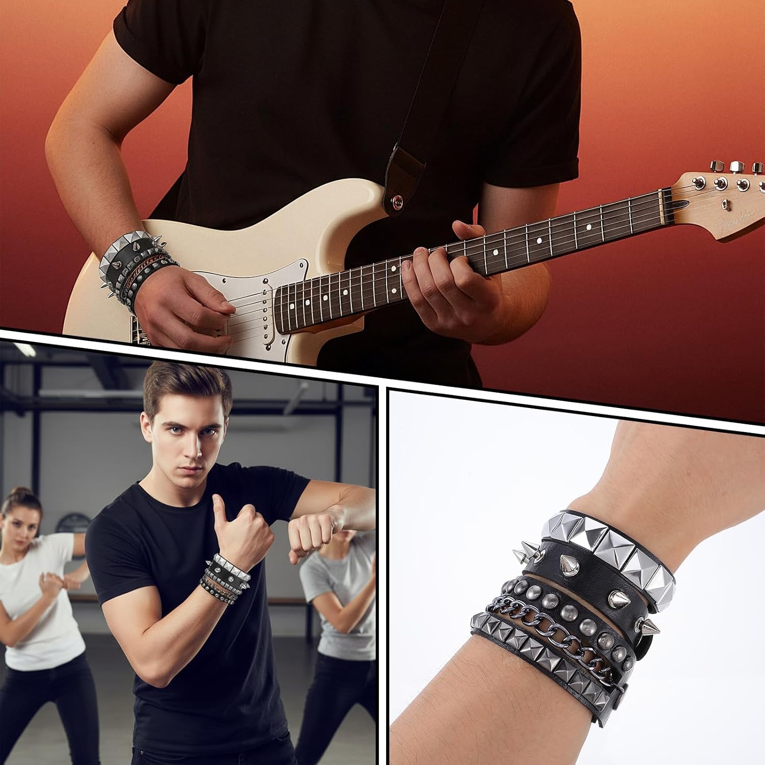 3Pcs Punk Studded Bracelets, Goth Spike Bracelets, Leather Cuff Bracelet for Men Women, Adjustable Metal Wristband for Halloween Accessories for Rocker Outfits - Image 4