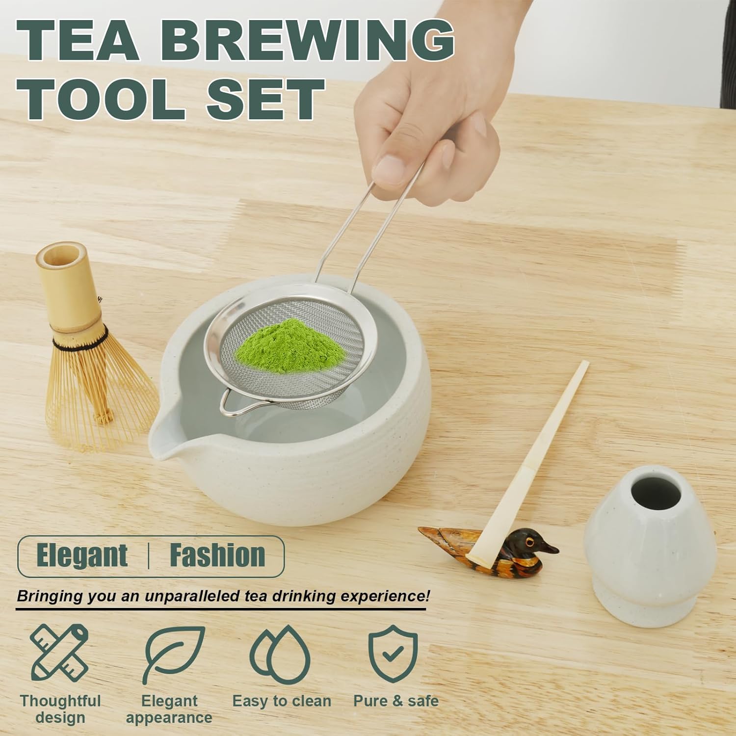 6Pcs Matcha Whisk Set, Complete Bamboo Matcha Whisk, 530ml Matcha Bowl Thoughtful Spout Design, Matcha Whisk Set Ceramic for Matcha Making Matcha Tea Lovers (Clay)