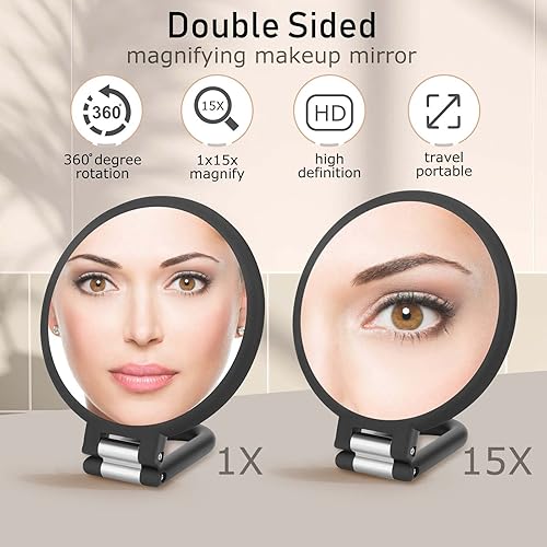 Miniatura 2 de Espejo de mano con aumento de doble cara, 1 espejo de mano de aumento de 15X, plegable de viaje, pedestal de rotación ajustable, tocador de
