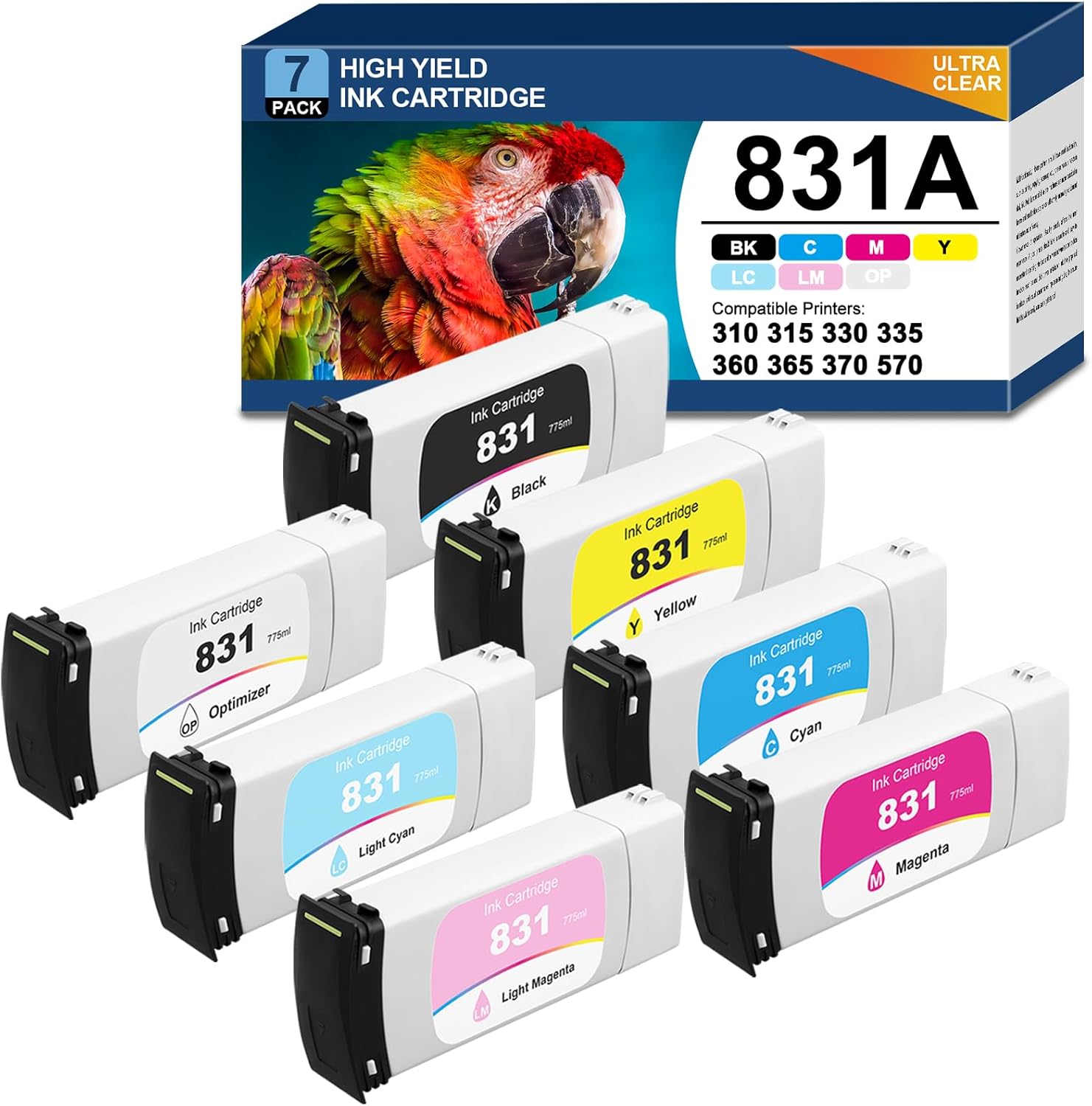 831 Ink Cartridge Set 831 831A Ink 7-Pack 775ml Compatible for HP Latex 310 315 330 335 360 365 370 570 Printer for CZ682A CZ683A CZ684A CZ685A CZ686A CZ687A CZ706A Ink Cartridge