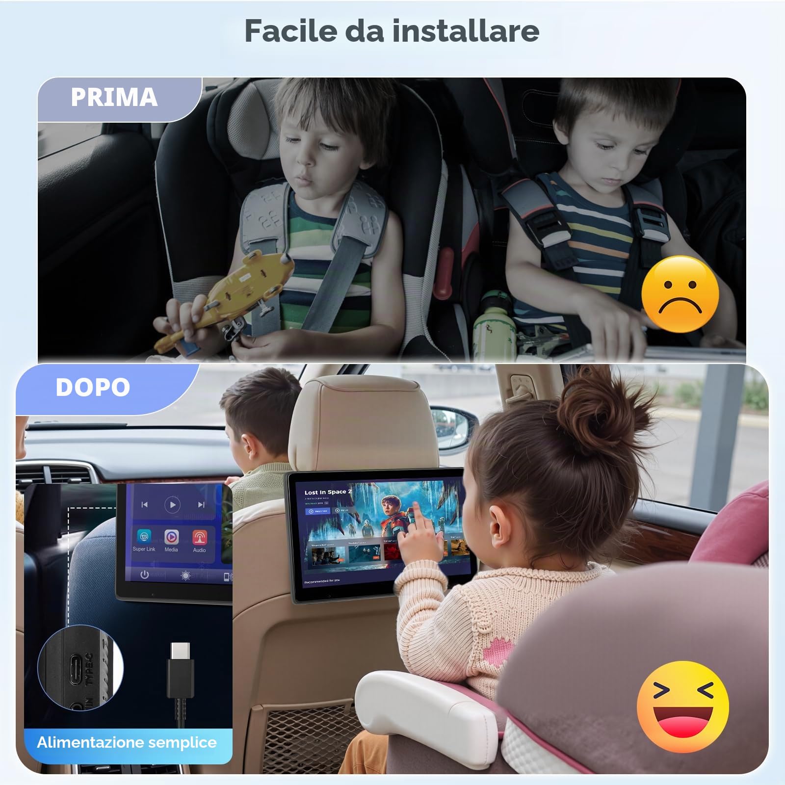 Lettore video da 10,1 pollici per poggiatesta auto, TV portatile da poggiatesta per sedile posteriore con Mirror Link wireless, Bluetooth, CarPlay e Android Auto wireless, con scheda TF da 64GB