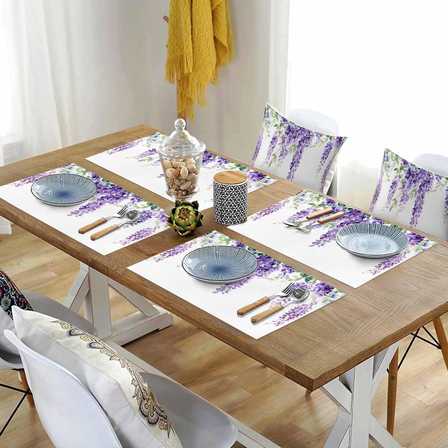 Wisteria Flower Placemats Set of 8 Watercolor Purple Floral Blossom Leaf Rustic 13x19 Inch Washable Non Slip Linen Table Mats, Rustic Summer Placemats for Dining Table Party Kitchen Decor