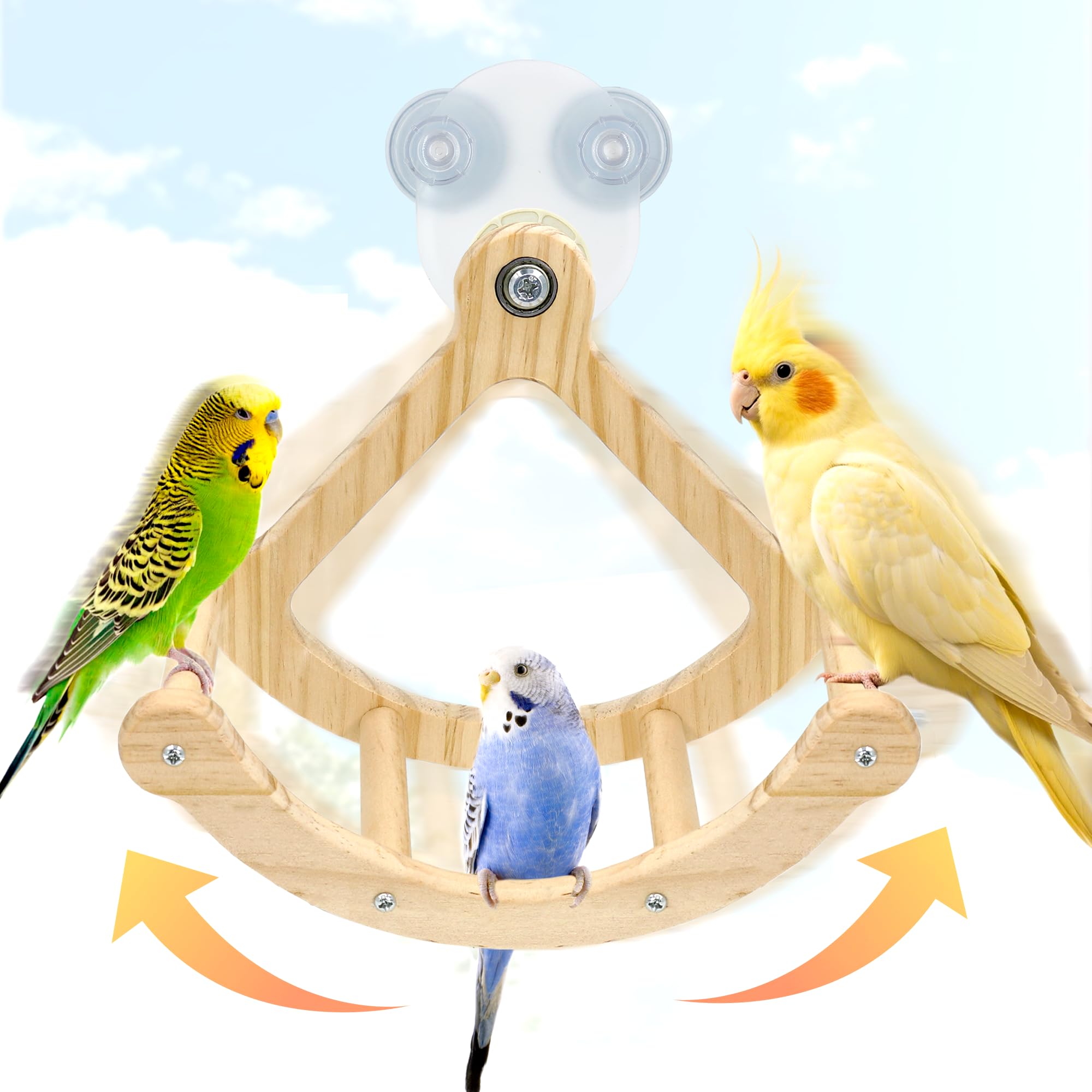 Jevnd Rocking Bird Toys Perch for Window and Cage, Bird Perch for Wall Suction Mount, Wooden Parrot Toys for Medium Birds, Enrichment Cockatiel Toy Fun and Accessoriess for Budgie, Lovebird, Conure