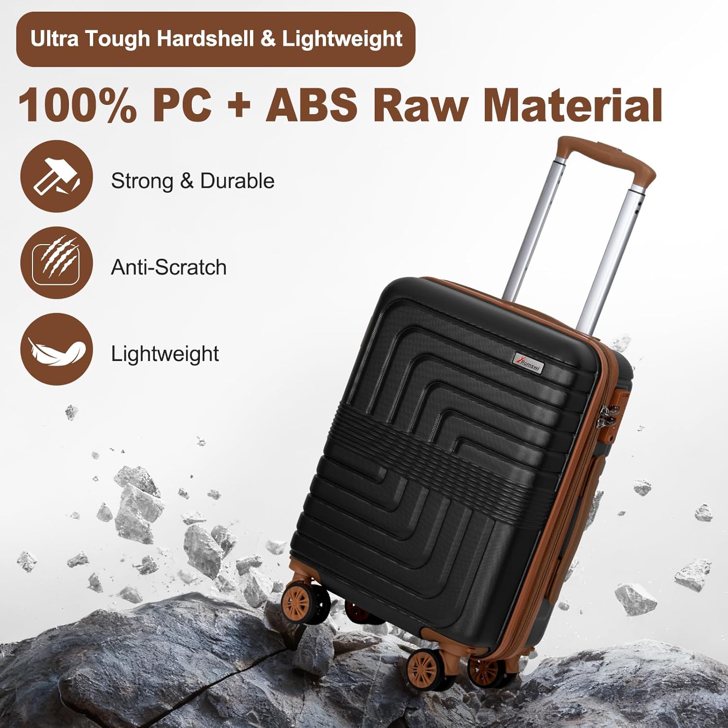 Romswi 21In Carry Sets, Expandable Carry On Luggage Set with Backpack, PC+ABS Hardside Carry-On Suitcase Set with YKK Zipper & Spinner Wheels Black