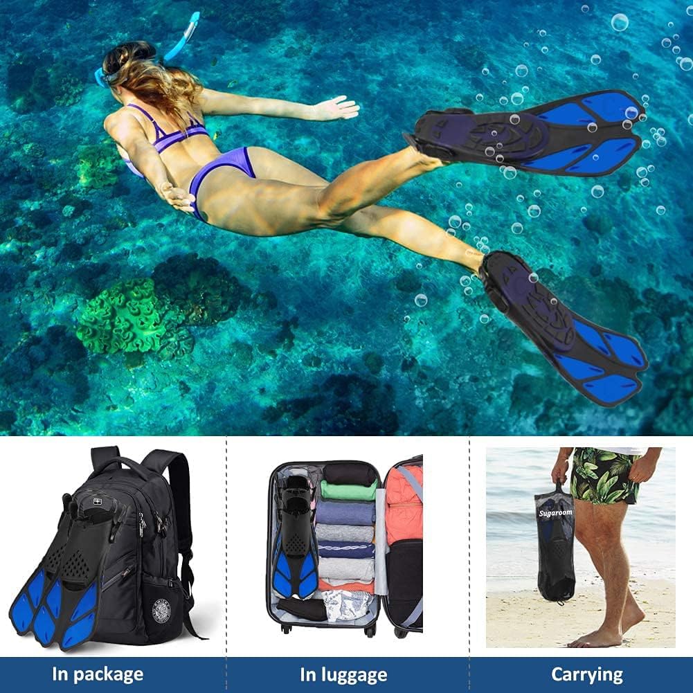 Sugaroom Swim Fins Open Heel, Adjustable Snorkel Fins Diving Fins with Mesh Bag, Snorkeling Gear Flippers Travel Size Short Flippers for Lap Swimming Scuba Dive Adult Men Women Kids