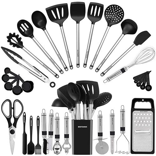 Kitchen Utensil Set-Silicone Cooking Utensils-33 Kitchen Gadgets & Spoons for Nonstick Cookware-Silicone and Stainless Steel Spatula Set-Best Kitchen Tools, Useful Pots and Pans Accessories - Black