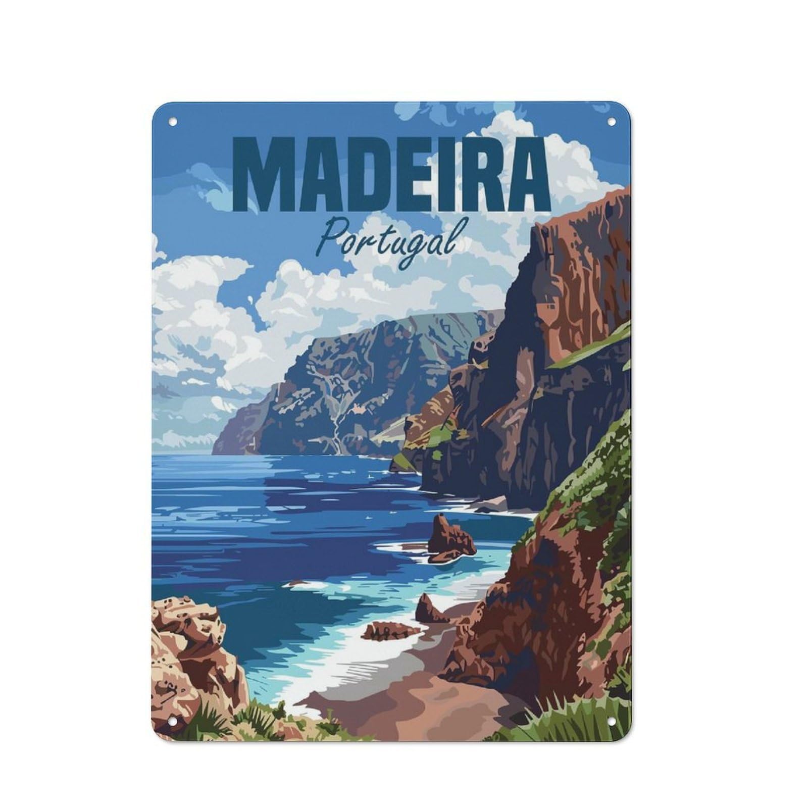 Junmoney Style-4 Modern Retro Metal Wall Art Sign 40X30cm Featuring Madeira Portugal Coast, Urban Room Decor For Flat, Bar, Studio Or Gallery Wall
