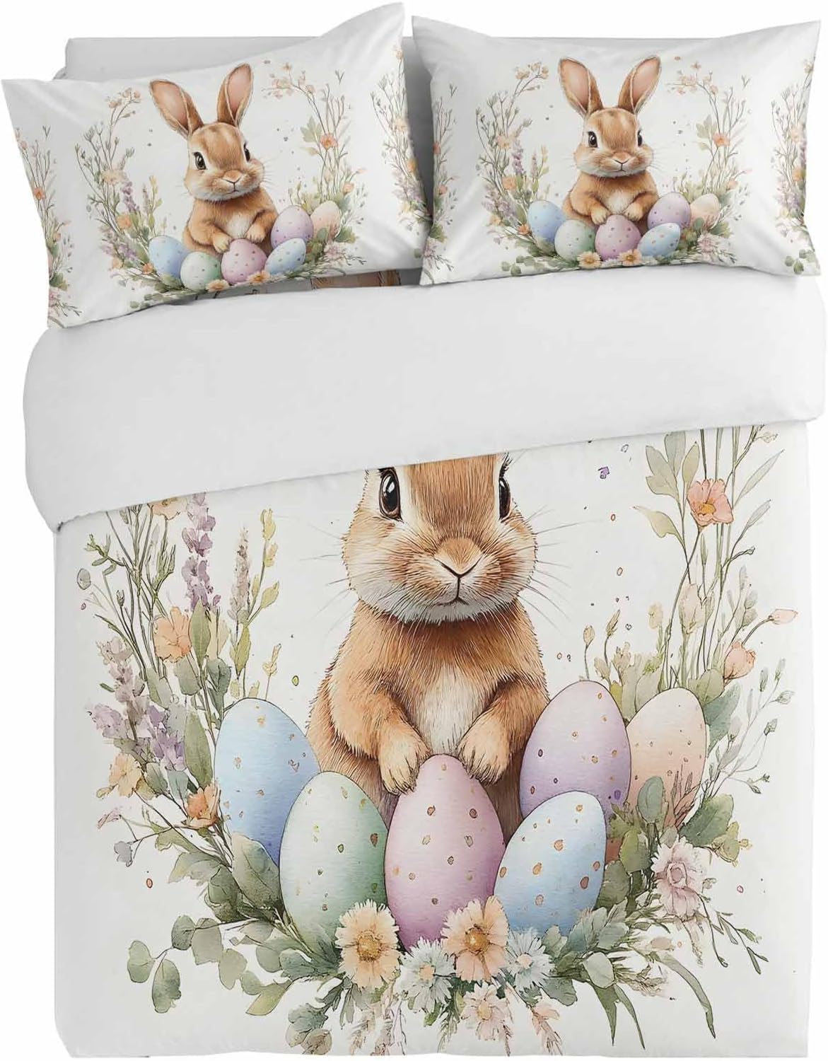 3 Piece Bedding Set, Spring Easter Egg Cute Bunny Breathable Duvet Cover Super Soft Pillow Shams, Farmhouse Wild Flower Washable Bed Sets All Seasons for Bedroom Dorm Hotel RV