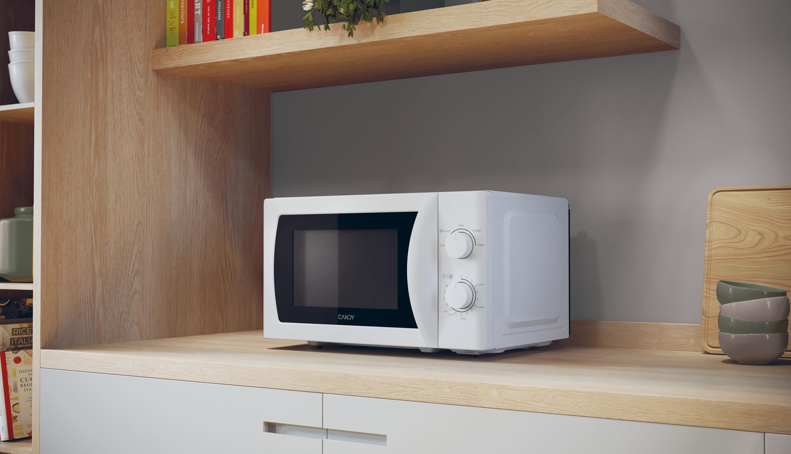 Candy Idea CMW20SMW Microondas, 20L, 700W-1050W,5 Niveles de Potencia, Panel de Control Mecánico, Alerta Acústica Finalización, Plato 25,5CM, Descongelación, Apertura Izquierda, Blanco