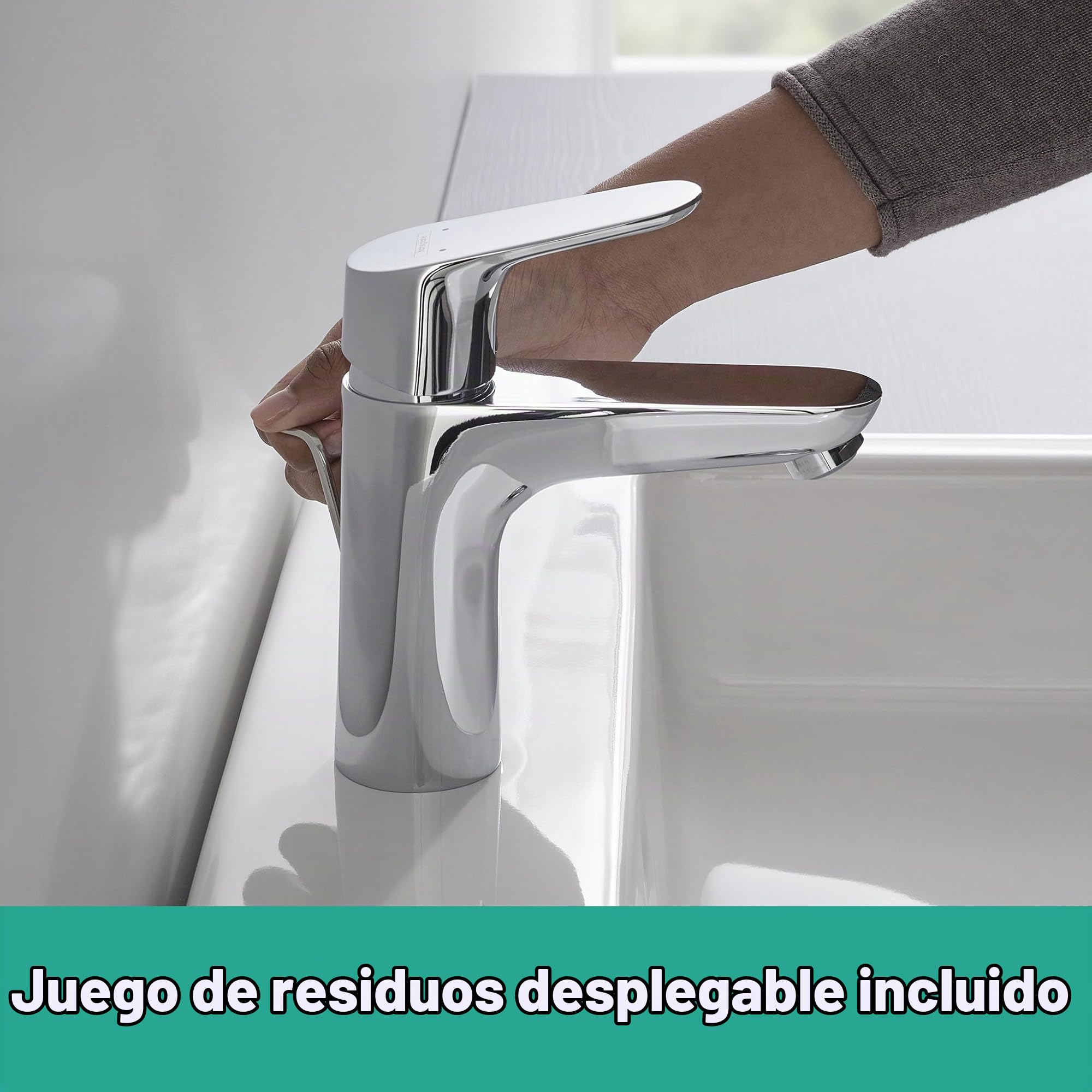 hansgrohe Focus - grifo lavabo con vaciador automático, grifo monomando lavabo 94 mm, mezclador monomando lavabo ahorro de agua (EcoSmart), cromo, 31607000