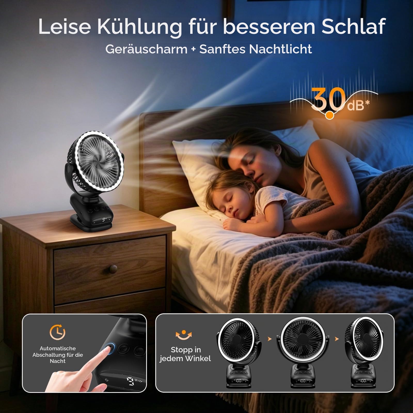 WUQNGI Mini Ventilator Leise,10000mAh USB Tischventilator Akku Aufladbar,Clip Ventilator Oszillierend Klein mit Timerfunktion Licht,Grow Ventilator Batterie für Schlafzimmer Auto Camping Kinderwagen