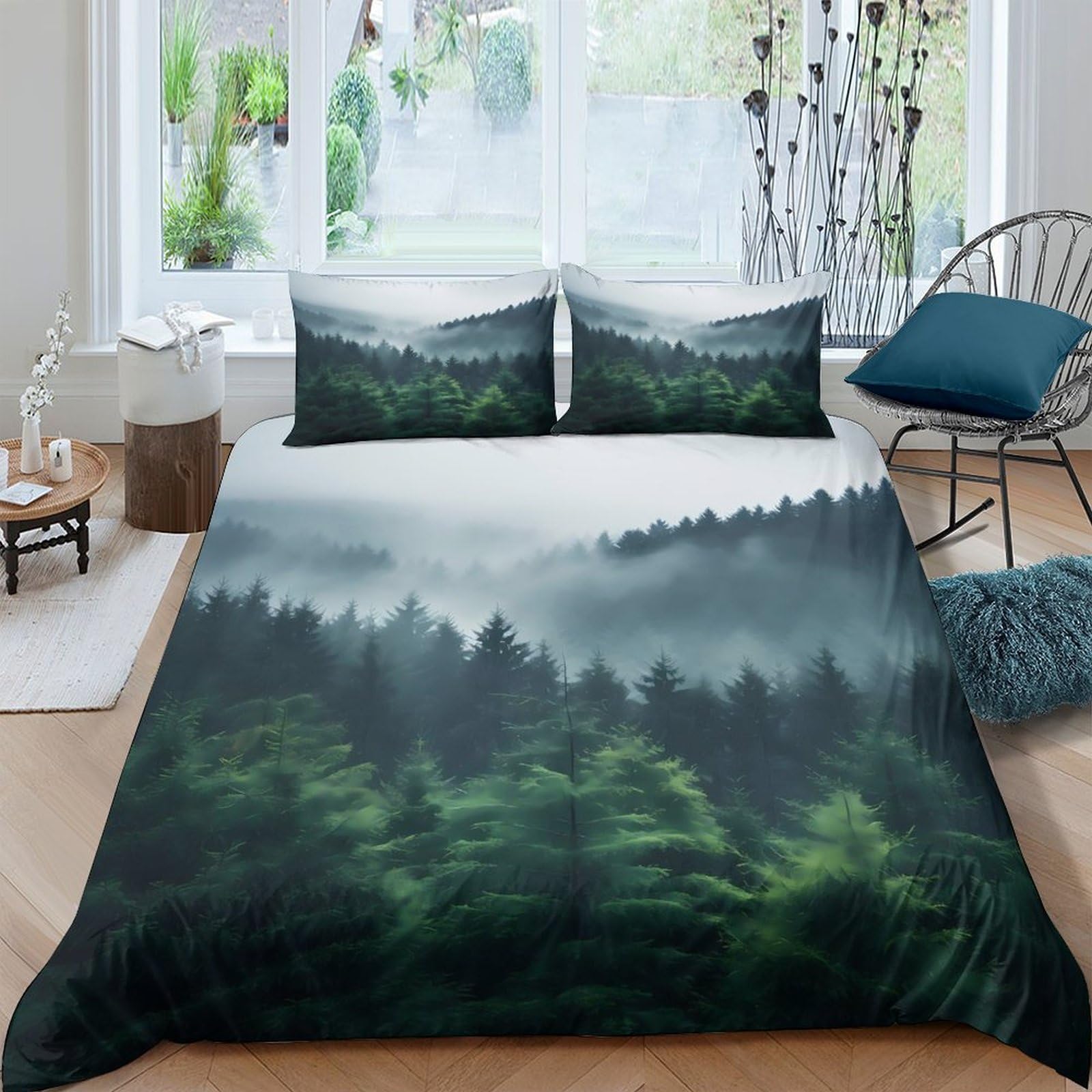 Ctjqhvkz Style-3 3D Printed Misty Forest Fitted Sheet Microfiber Soft Green Mountain Mattress Cover For Bedroom Dorm Mattress Protection Decor Single（135X200cm）