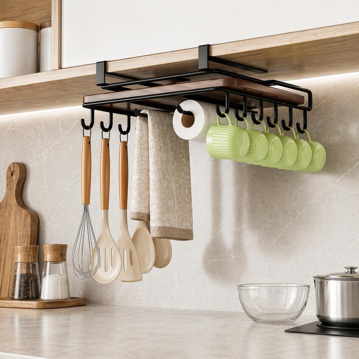Episent Black Under Shelf Storage Rack For Kitchen Cupboard, Chopping Board & Cutting Board Holder, Space Saving Under Cabinet Organiser (Storage Rack With Hooks)