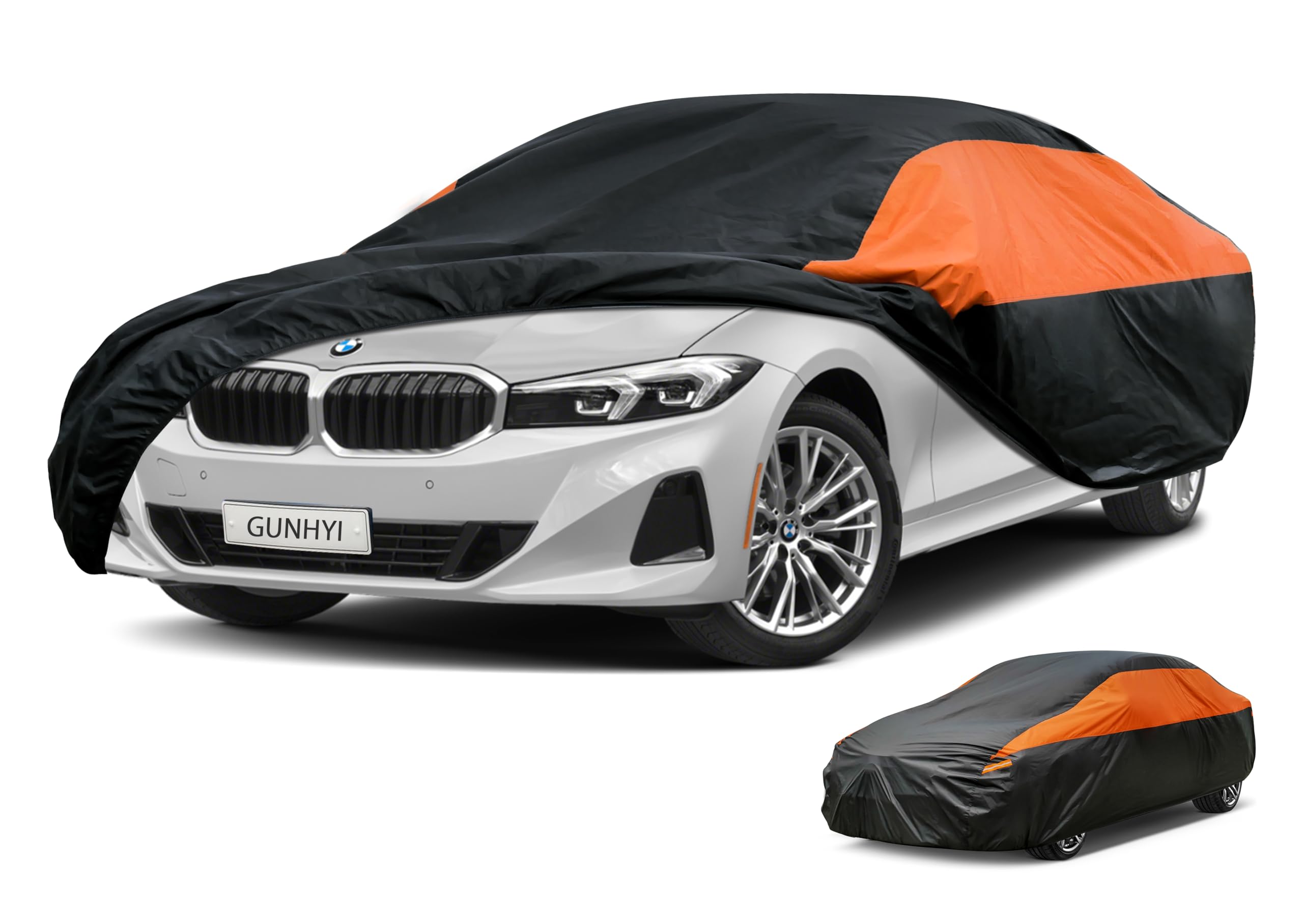 GUNHYI Waterproof Car Cover Custom Fit 4 Series M4 428i 430i 435i 440i | All‑weather Outdoor sun/rain/dust/snow/wind/UV protection,breathable lightweight full cover, black‑orange design,storage bag