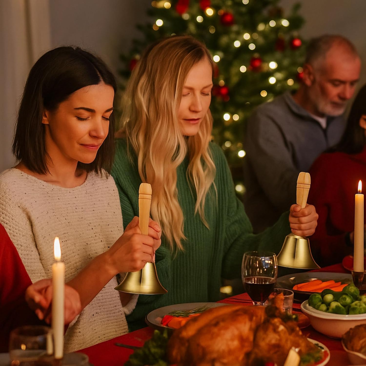 2 Pieces Solid Brass Hand Call Bells with Wooden Handbells Handle for Ringing Loud Hand Held Service Brass Call Elderly Wedding Animal Training Bell(3.15 x 3.15 x 5.9 Inch) - Image 5