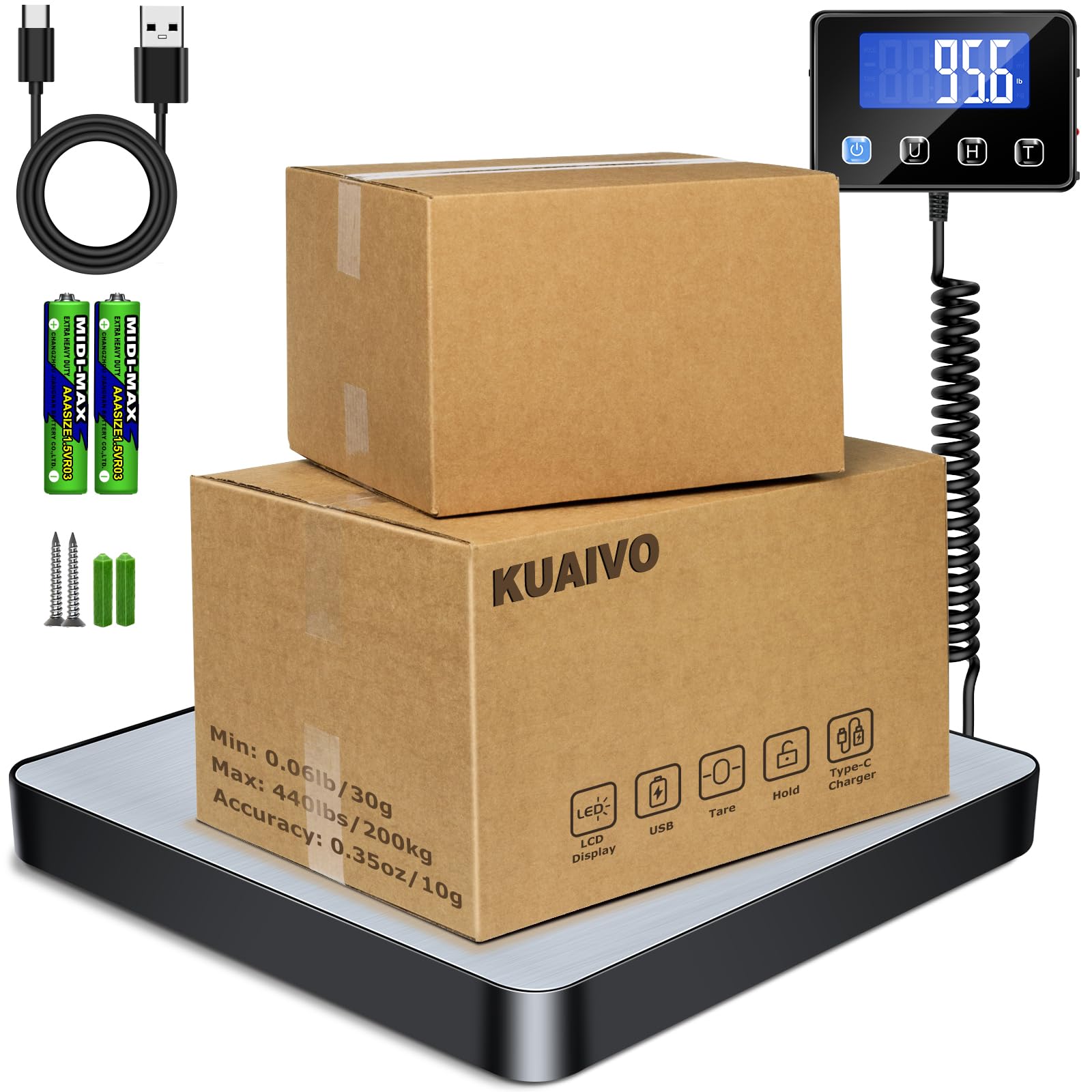 Postal Scales, 200kg/10g High Precision LCD Display Parcel Scales, Parcel Weighing Scales with Hold and Tare Function for Luggage, Package, Warehouse, 2 AAA Batteries and Charging Cable Included — image 1