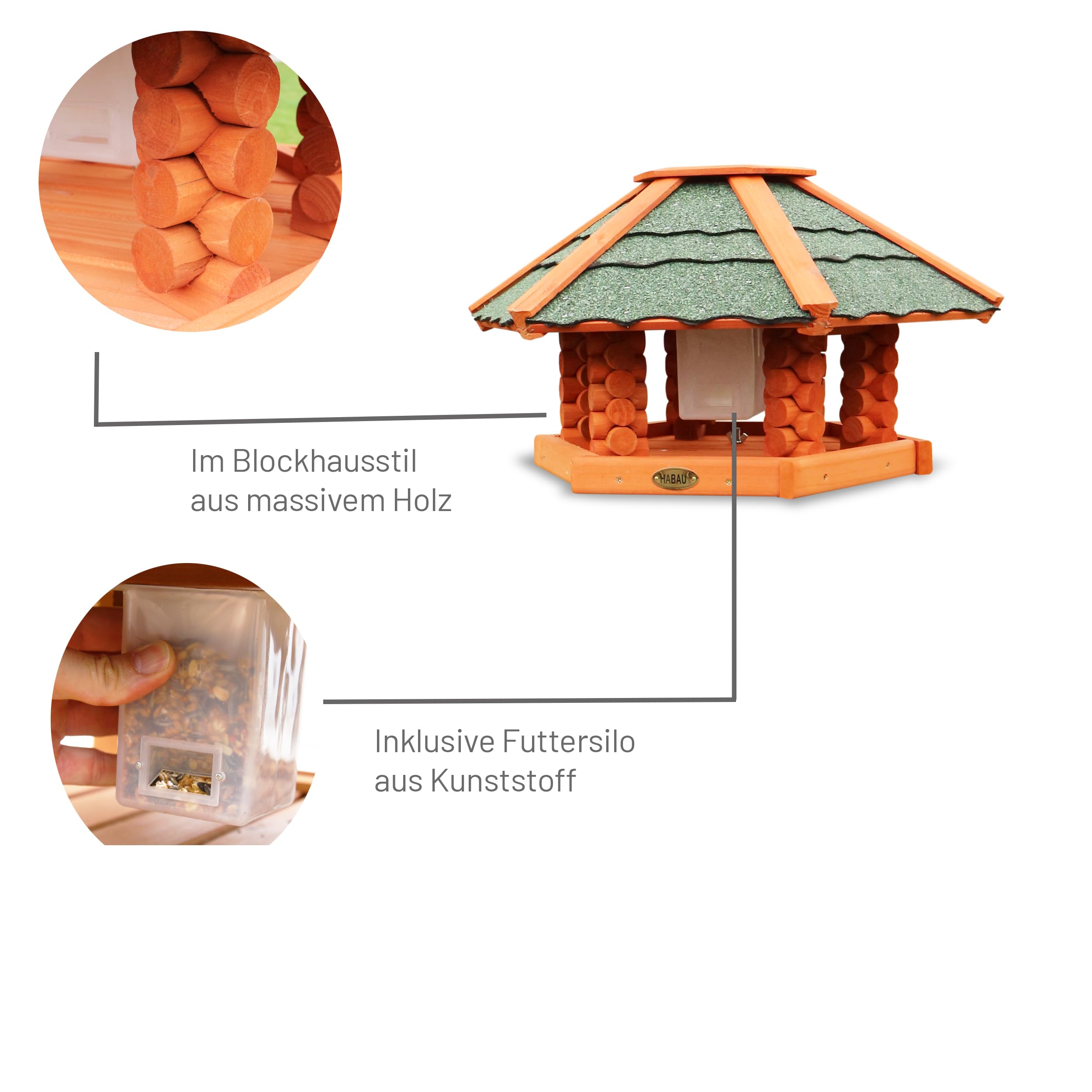 HABAU Vogelhaus mit Futtersilo und Ständer | Futterhaus montiert geliefert, mit Silo aus Kunststoff, sechseckiges Haus für Wildvögel