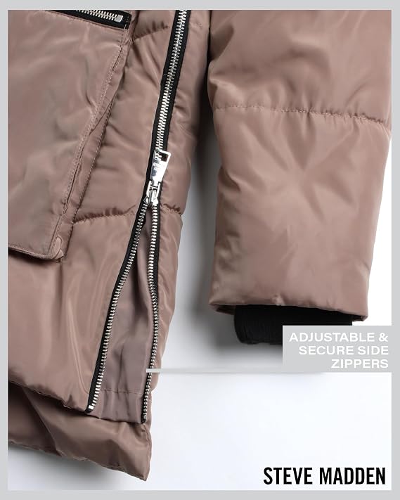 Steve Madden Womens Winter Jacket, Midlength Puffer Parka Coat, Sherpa Hood