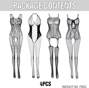 Amycute Fishnet Bodystocking Lingerie Set 4-Pack, Women Sexy Lace Mesh Bodysuit, Sheer Nightwear Outfit for Valentine's Day & Role Play