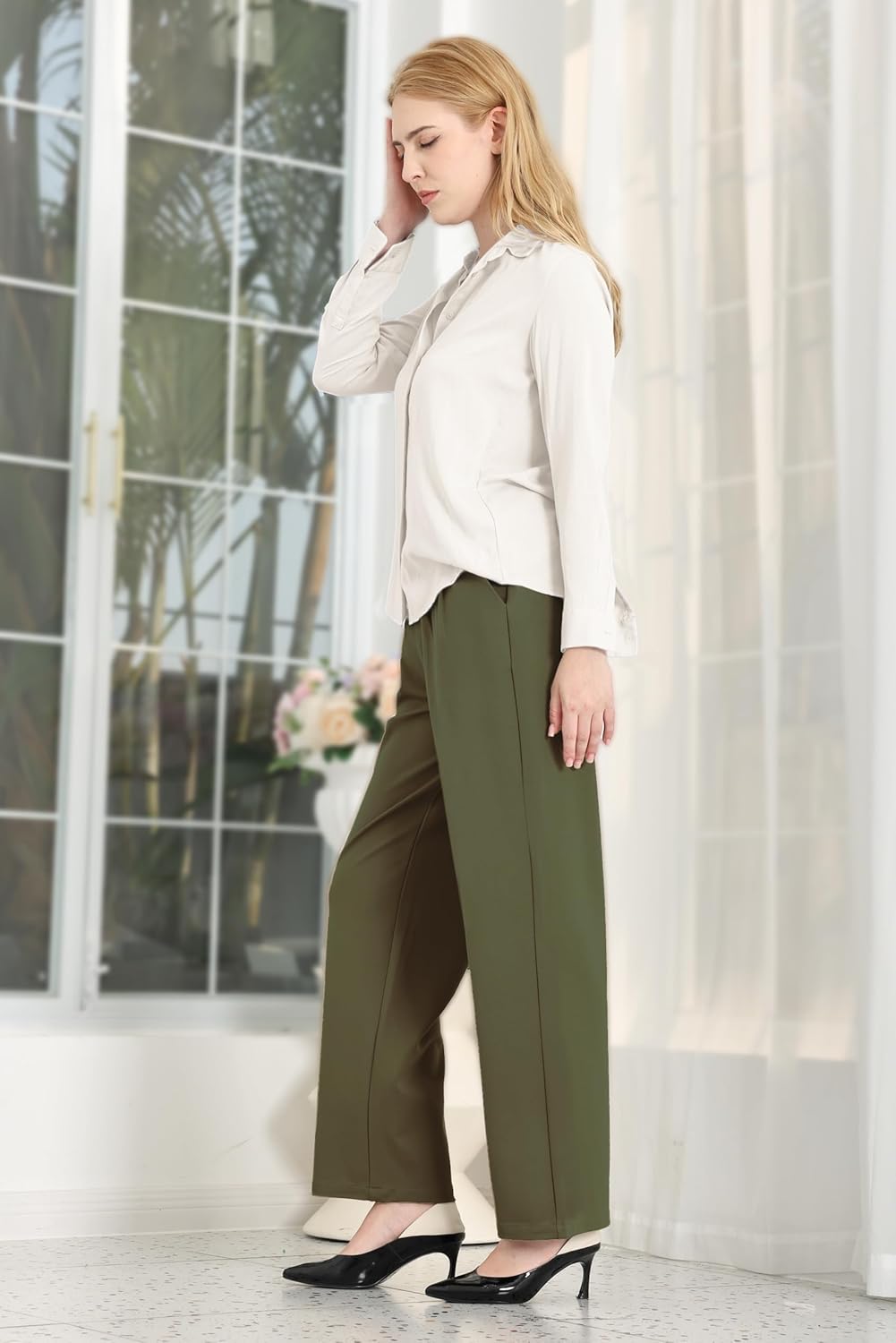 Bamans Dress Pants for Curvy Women Wide Leg Work Business Office High Elastic Waisted Casual Slacks Trousers with Pocket - Image 3