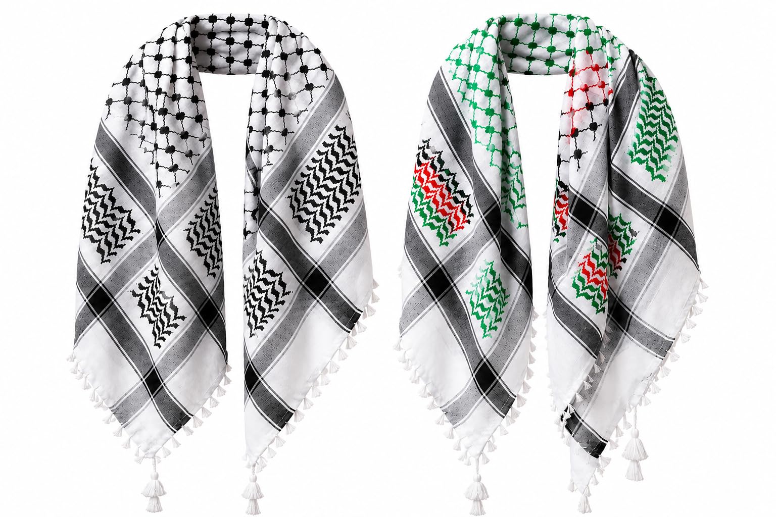 Pack of 2 Palestinian Keffiyeh Scarf for Men & Women | Traditional Arab Arafat Shemagh | Cotton Blend Kufiya Head Wrap | 48 x 48 Inch Square Tassel Scarf-image-43