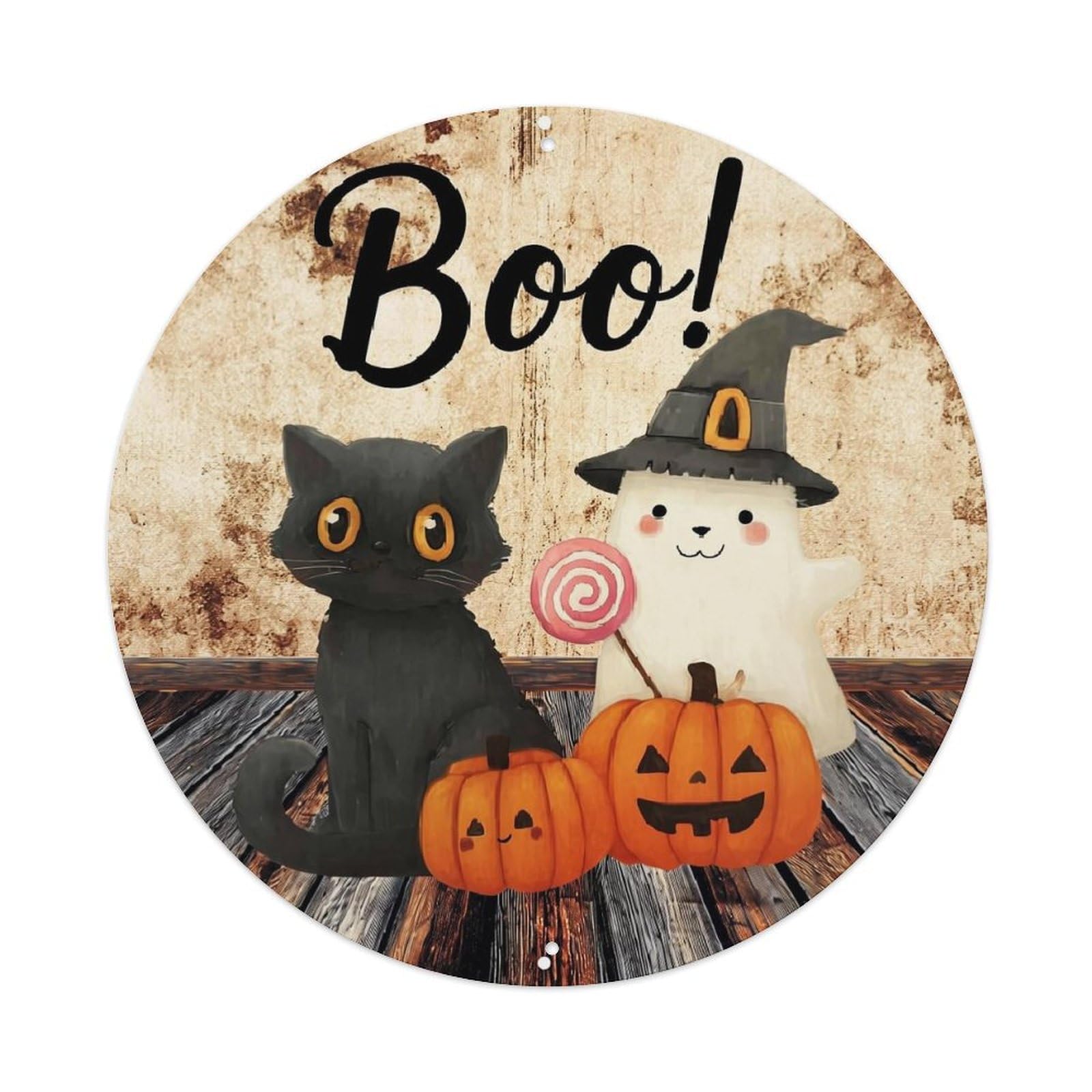Boo Cat Ghost Pumpkin Candy Retro Metal Sign Round Tin Sign, Vintage Decor Art Poster for Bar, Home, Man Cave, Kitchen, Laundry Room Gift 8x8Inch