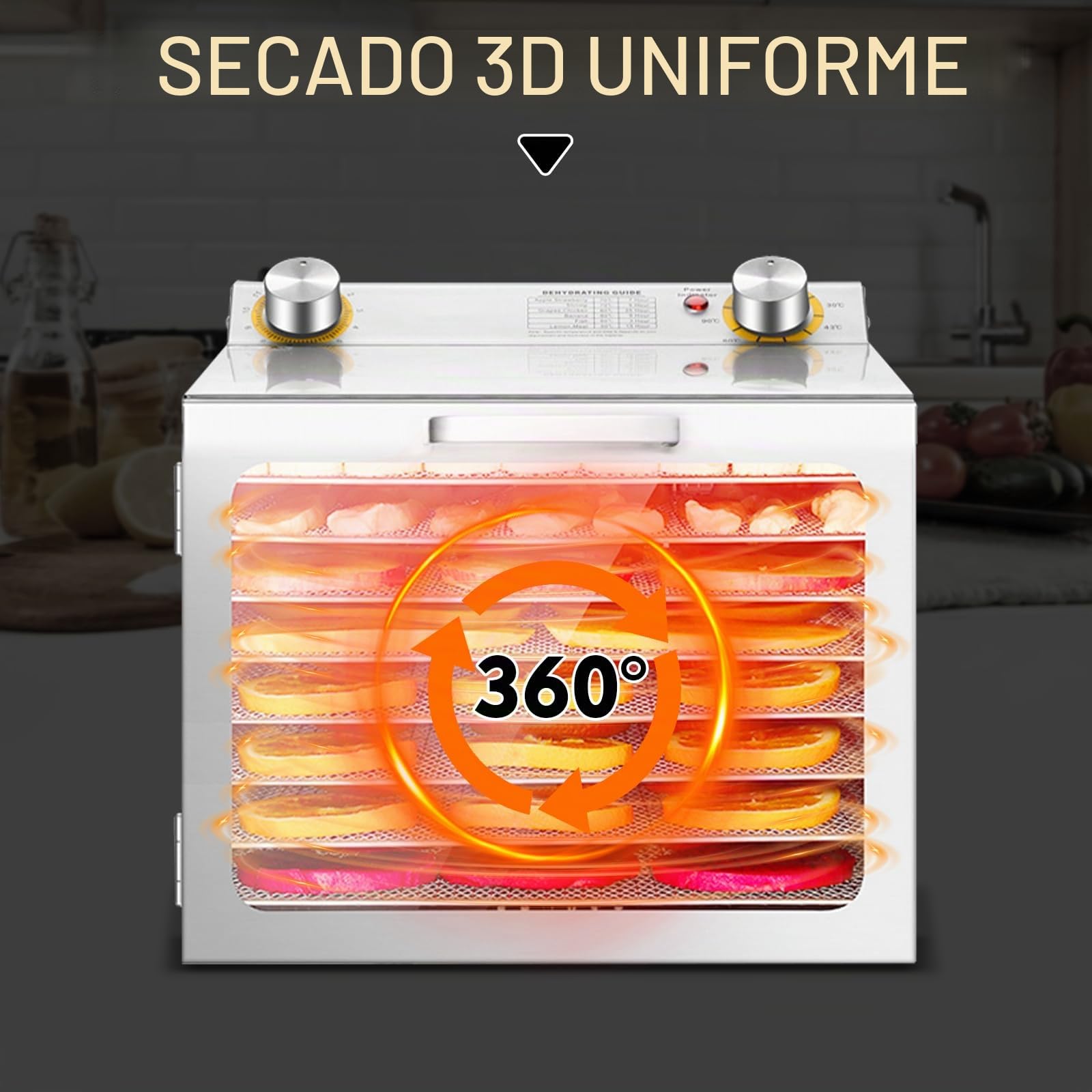 Deshidratador de Alimentos,Deshidratadora de Frutas,Inox Deshidratadora,8 Bandejas De Acero Inoxidable,Control de Temperatura 35-90°C,Con Temporizador,para Frutas, Carnes, Verduras