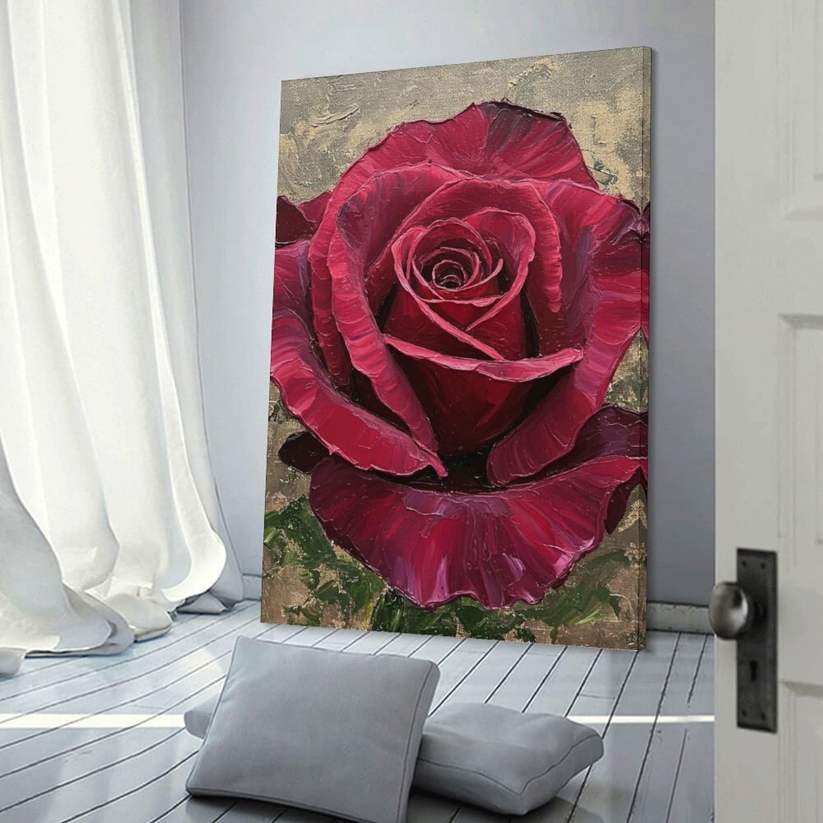 Junmoney Frame-Style-11 Wall Picture Print Crimson Rose Painting, 16X24inch(40X60cm), For Entrance Walls, Hall Decor Or Foyers, Home Artwork For First Impressions