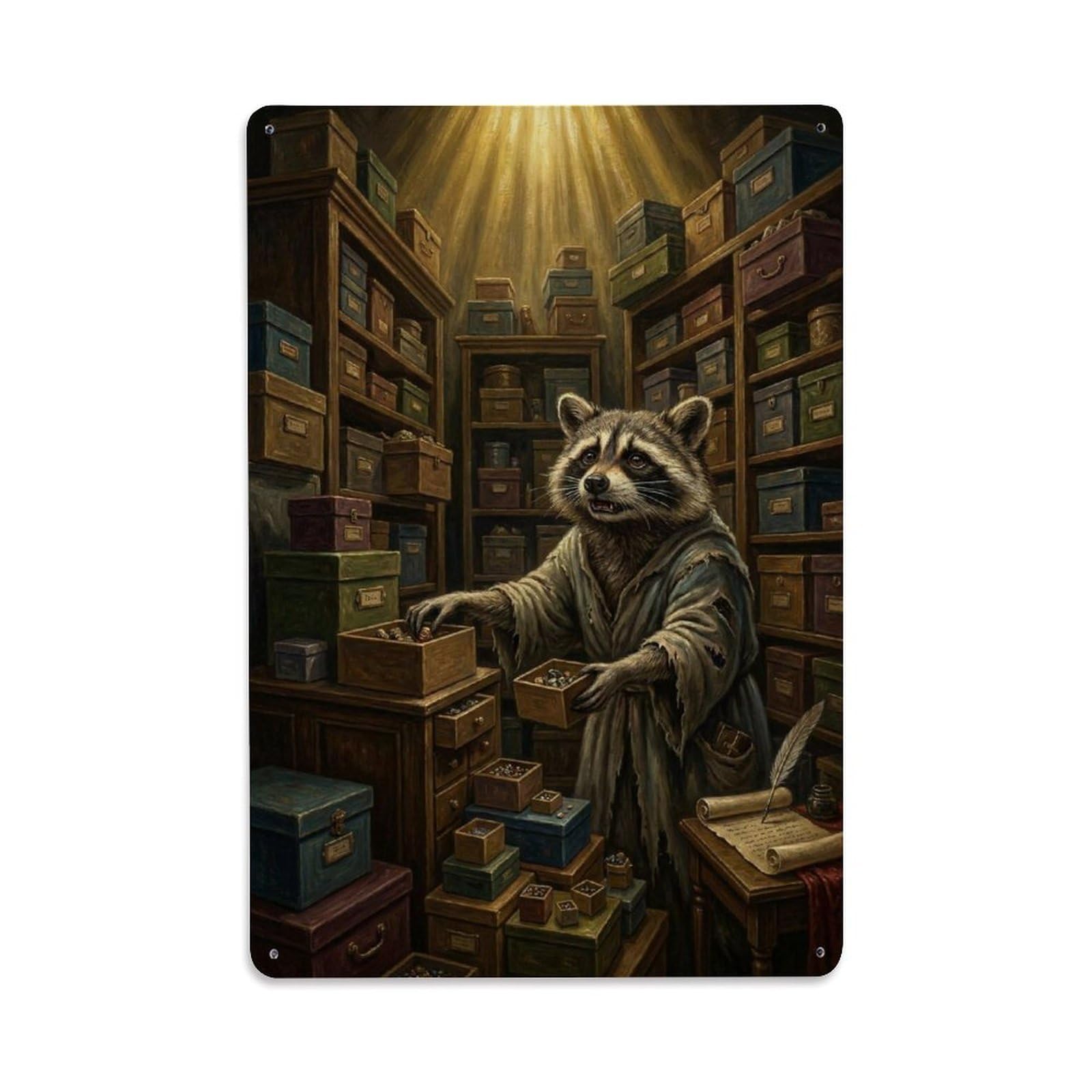Raccoon Archive Dilemma Surreal Vintage Animal Aesthetic Metal Tin Sign Plaque Wall Decor for Cafe, Man Cave, Club Bar, Office, Home Garden Round Metal Poster 8x12Inch