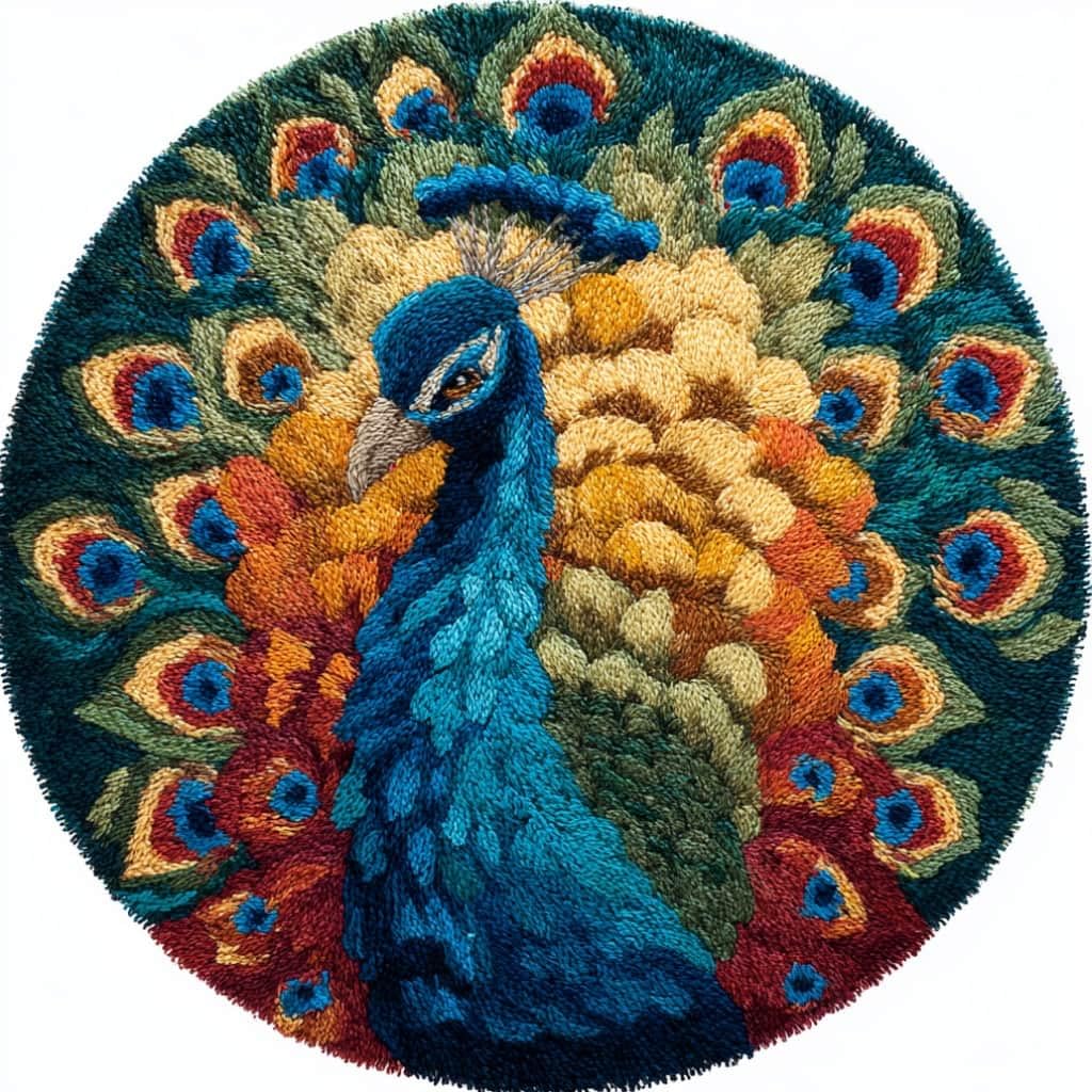kitphoenix Round DIY Latch Hook Rug Kits Peacock 20X20Inch (50X50Cm) Easy for Beginners Round Carpet Crochet Yarn Craft Large Rug Hook and Latch Tapestry for Home Decor