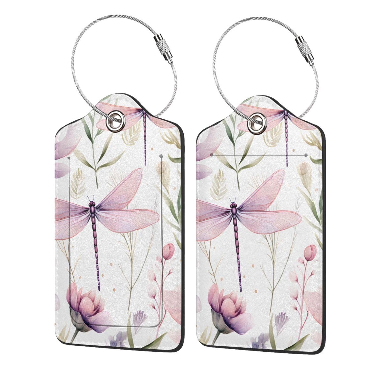 Luggage Tags for Suitcases Purple Dragonfly Leather Luggage Tag with Privacy Flap and Metal Loop Cruise Travel Luggage Tag for Women Men Baggage Bag