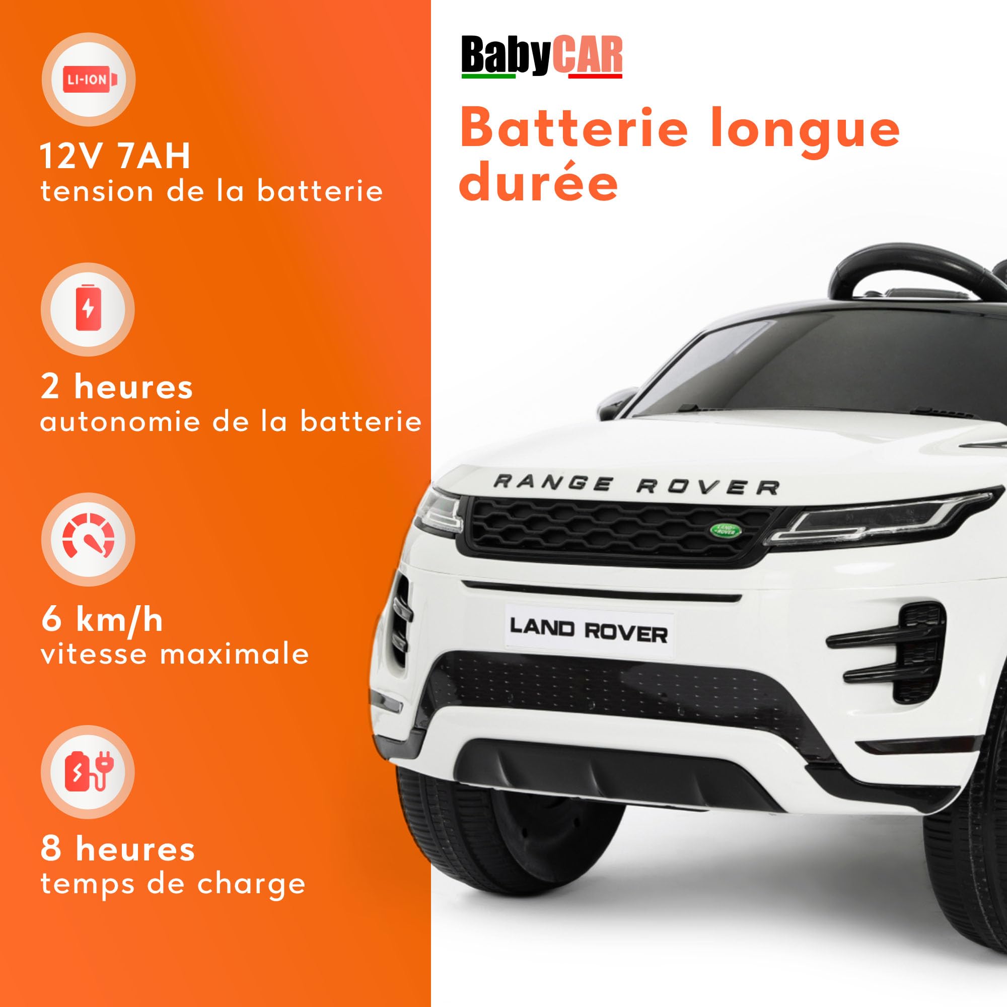 BabyCar Range Rover Evoque | Véhicule Electrique 12V avec 2 Moteurs 35W | Voiture pour Enfant avec Télécommande, Siège en Simili Cuir, Portes Ouvrantes, MP4/USB | Licence Officiel | Blanc