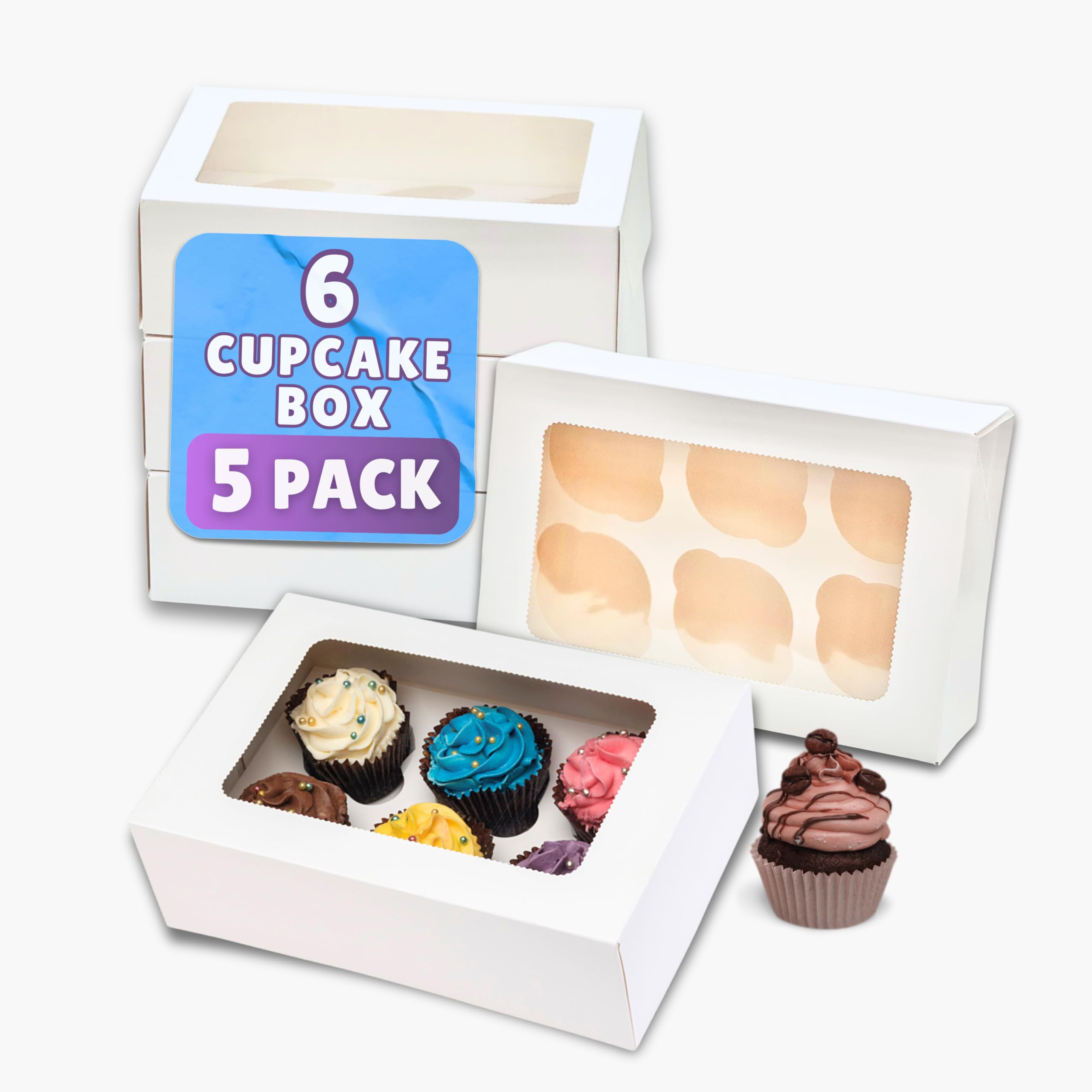 PACK N TRADE 5 Pcs cupcake boxes 6 hole - Removable Inserts Deep cake boxes for cupcakes – White cup cake boxes (24.1 x 16.5 x 7.5 cm) with Clear Window - Ideal for Muffins, Cupcakes & Pastries