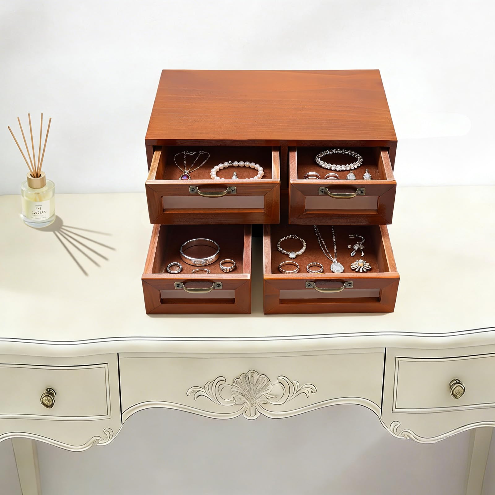 Drewniany organizer na biurko z 4 szufladami, retro, mini komoda