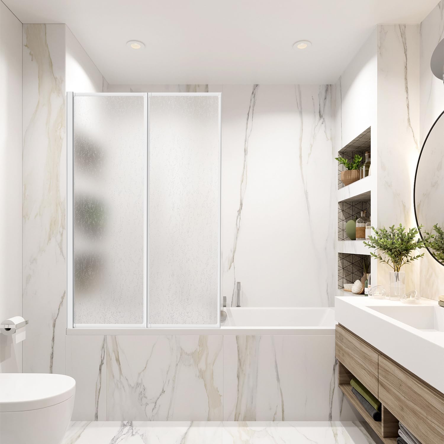 Parete divisoria per vasca da bagno in plastica, doccia per vasca da bagno, resistente alle schegge, 100x140 cm, 2 pezzi pieghevoli, telaio in alluminio bianco, montaggio a sinistra/destra, con
