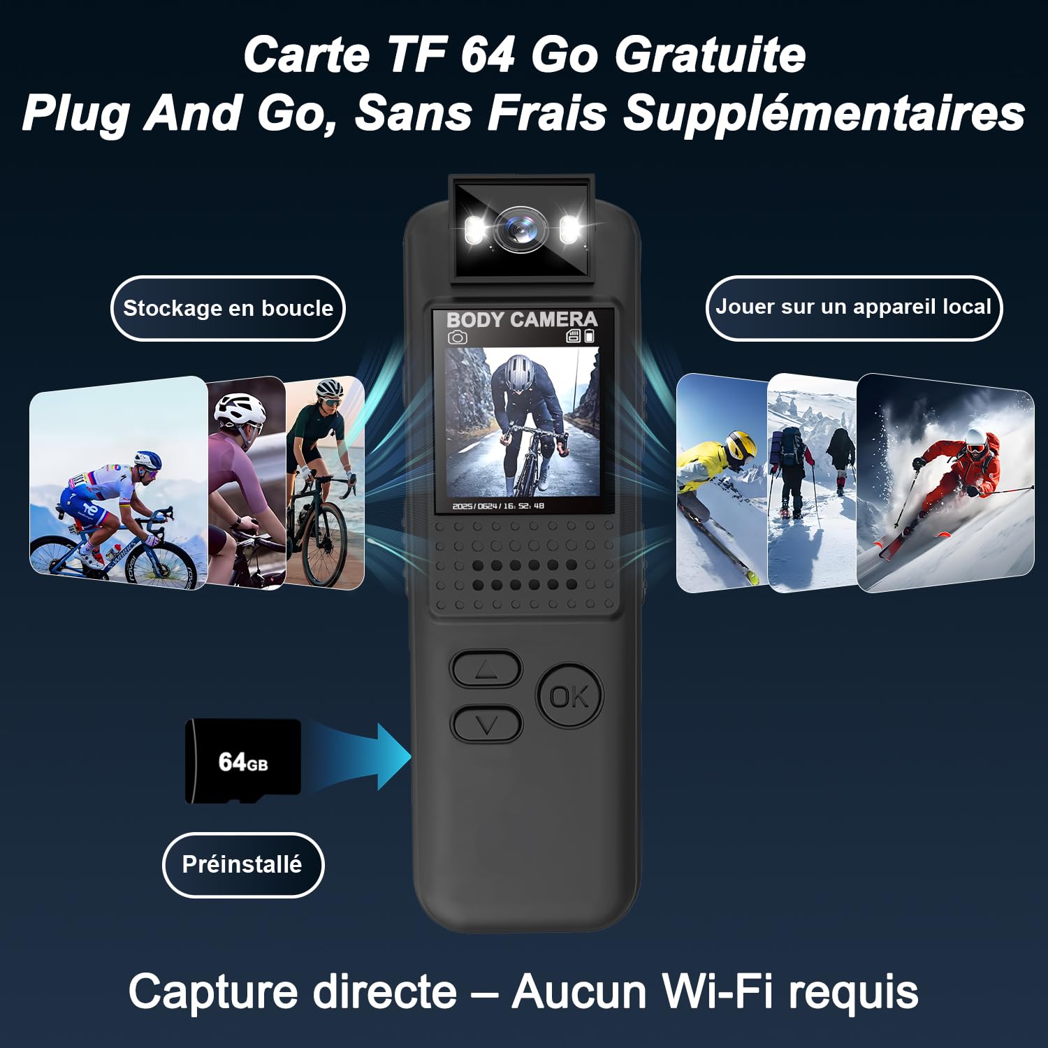 Bodycam, 1080P Full HD Action Cam con Scheda TF 64GB, Bodycam Polizia Professionale, Clip Magnetica e Supporto Bici, Archiviazione Loop, lunga durata della batteria, Telecamera Moto per Sport/Viaggi