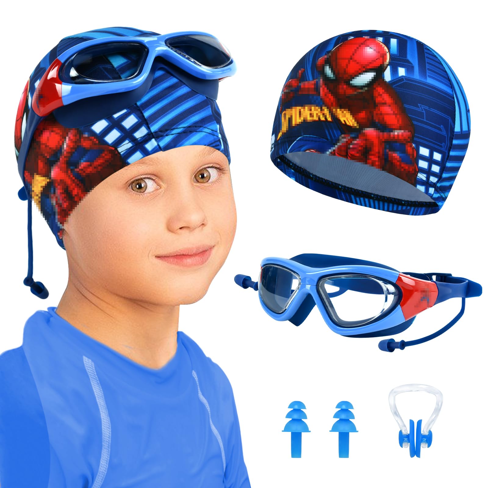 Gorro de Natación de Niños, 4 PCS Gorro de Piscina Niños, Gorro Natación, Gorro Natacion para Niños, Dibujos Animados de Gorro Natacion con Gafas de Natación, Tapones de Oídos, Pinza para Nariz (Azul)